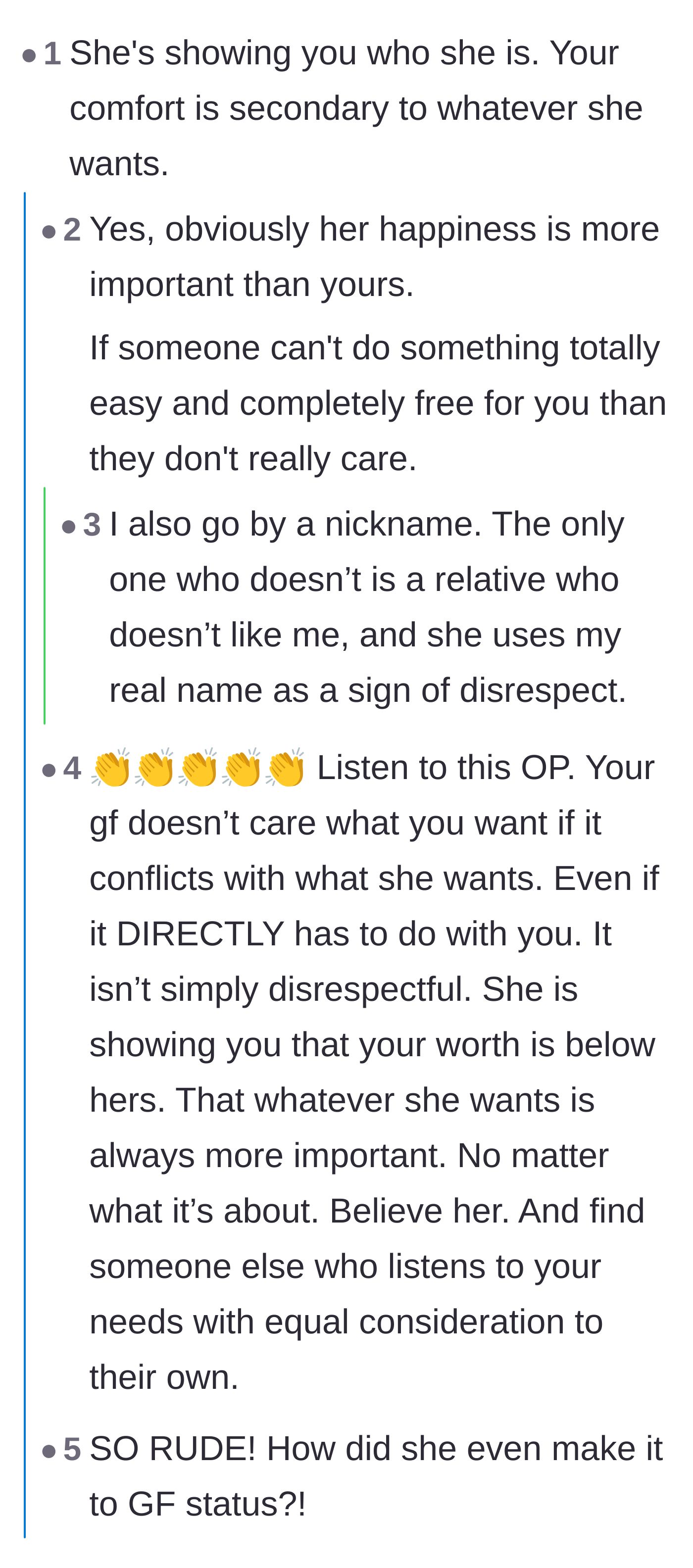 Comment thread 1 - Readers sharing personal experiences of weaponized names and highlighting the girlfriend's lack of care.