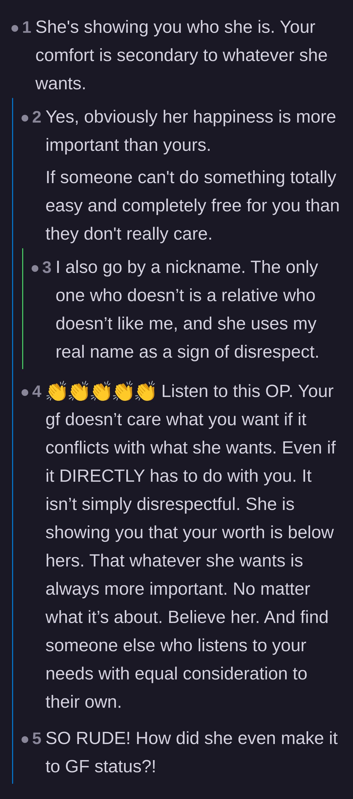 Comment thread 1 - Readers sharing personal experiences of weaponized names and highlighting the girlfriend's lack of care.