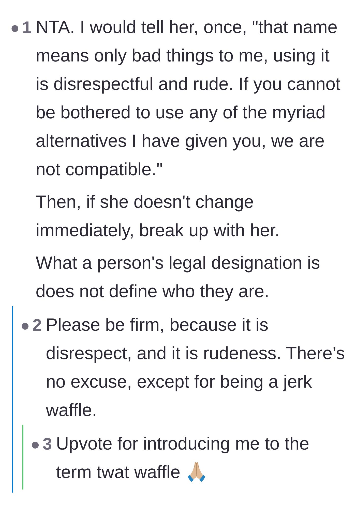 Comment thread 3 - Advice on setting a firm ultimatum and not letting a legal designation define one's identity.