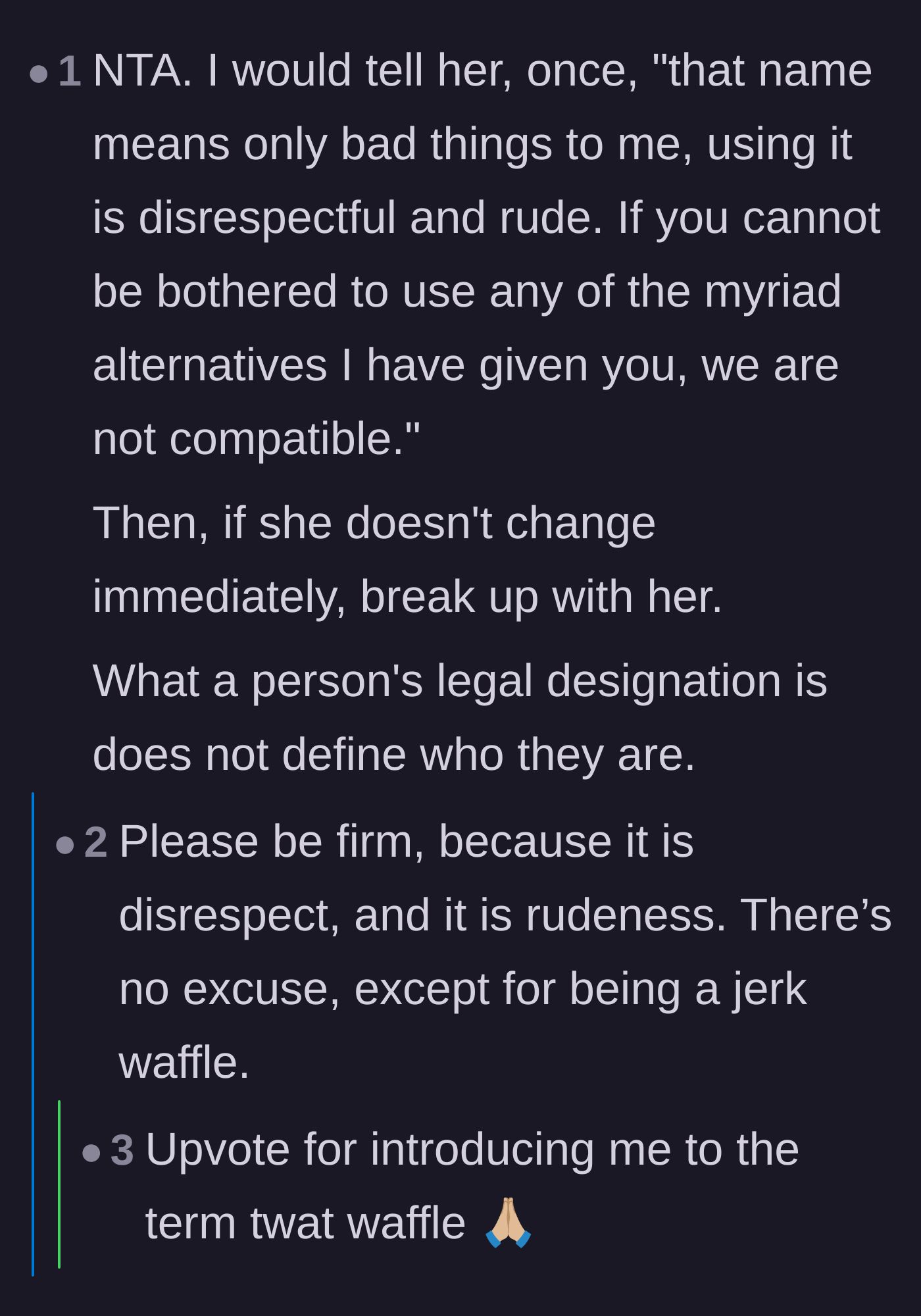 Comment thread 3 - Advice on setting a firm ultimatum and not letting a legal designation define one's identity.