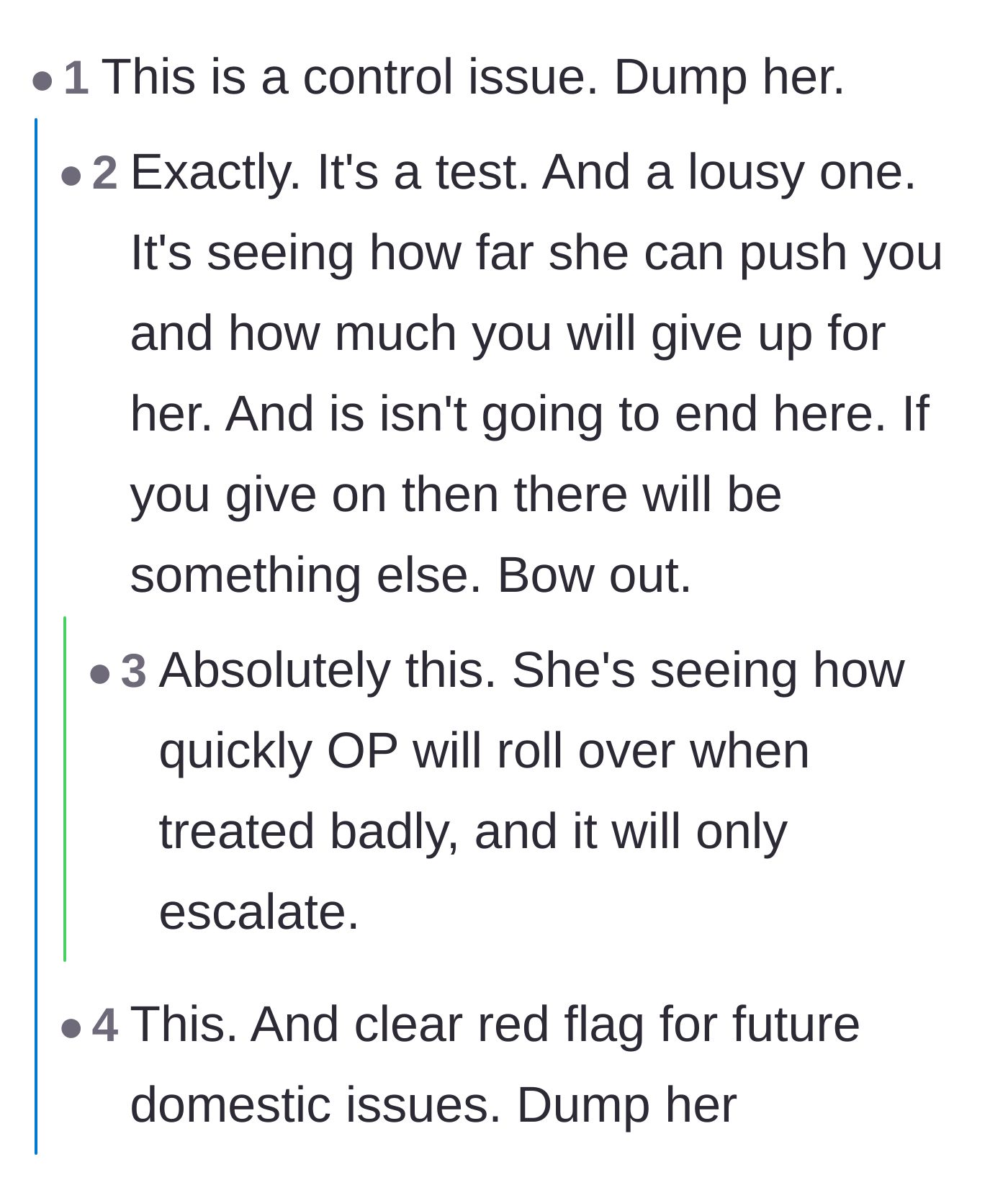 Comment thread 4 - Readers calling out the girlfriend's behavior as a deliberate test of control.