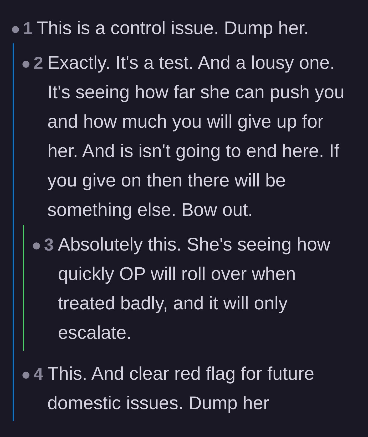 Comment thread 4 - Readers calling out the girlfriend's behavior as a deliberate test of control.