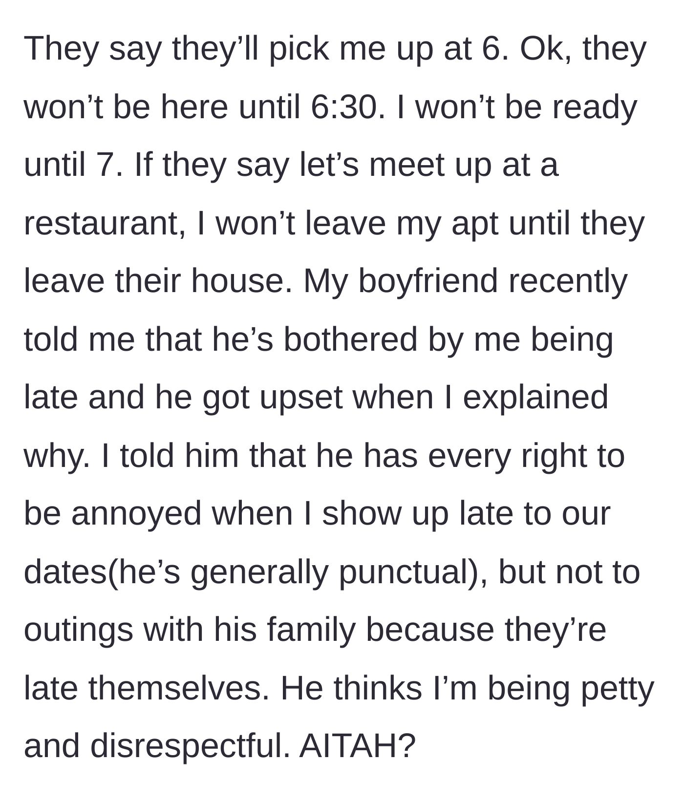 Story part 5 - Boyfriend getting angry at his girlfriend for being late to family outings, calling her disrespectful