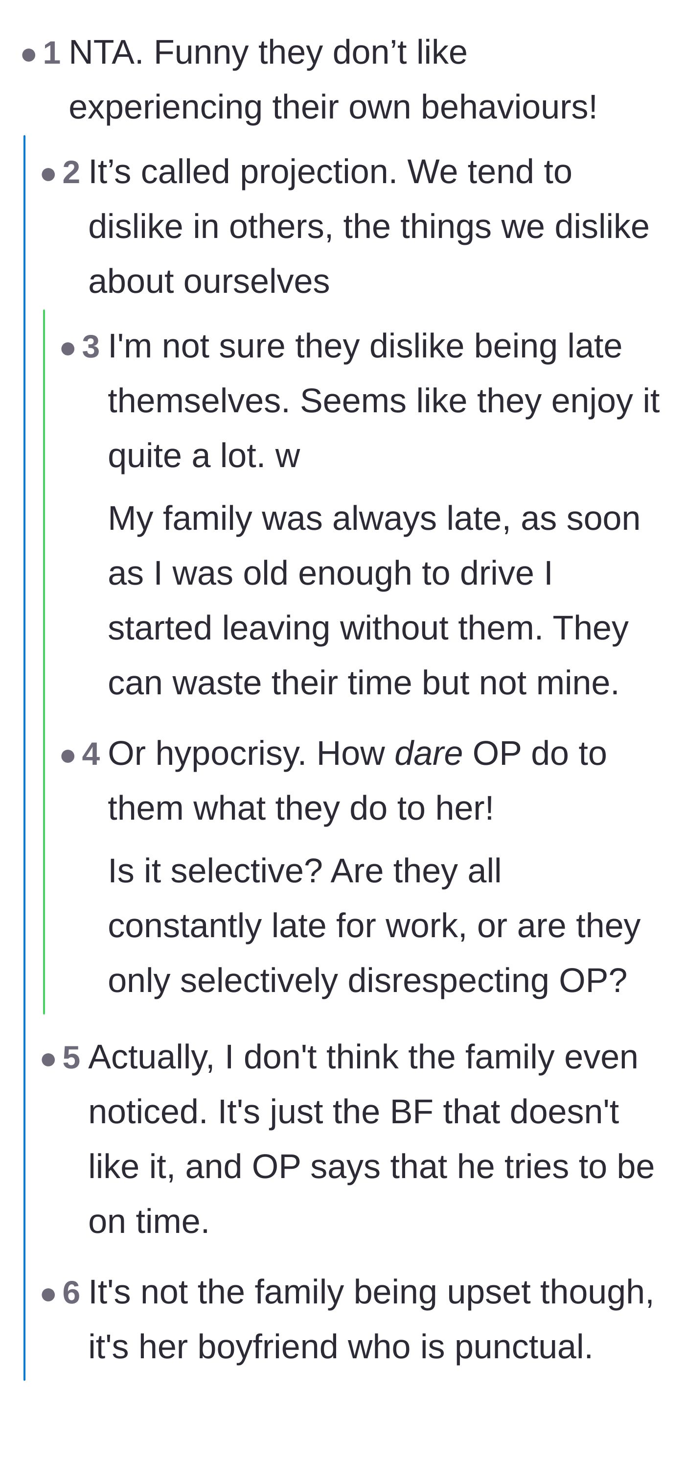 Comment thread 1 - Readers dissecting the boyfriend's hypocritical logic about intentional versus accidental lateness
