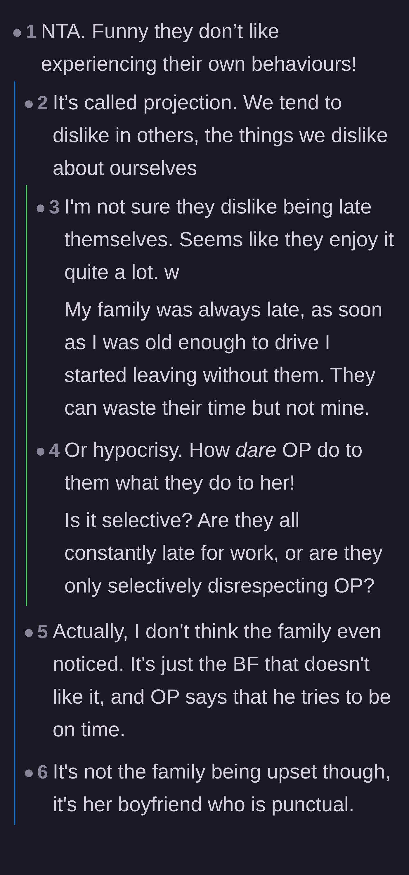 Comment thread 1 - Readers dissecting the boyfriend's hypocritical logic about intentional versus accidental lateness