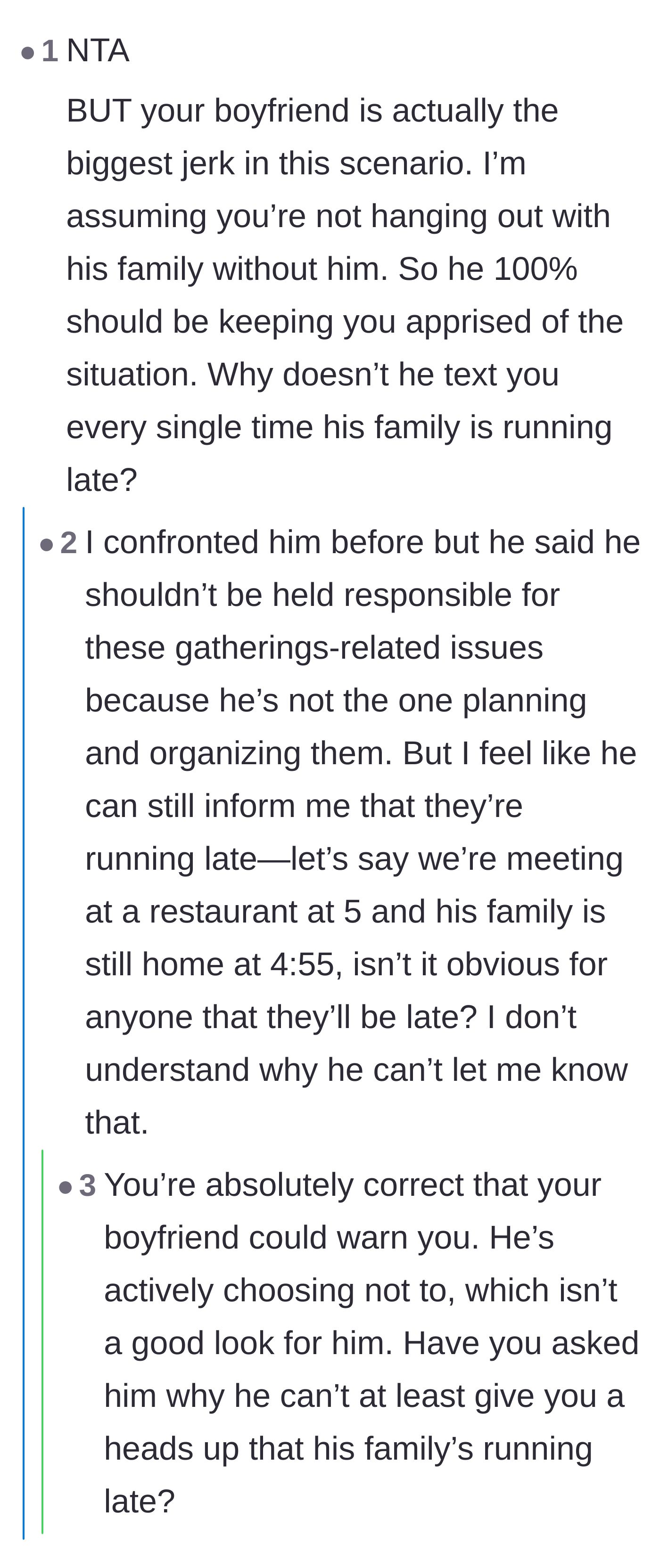 Comment thread 6 - The shocking revelation that the boyfriend intentionally hides delays to trick his girlfriend into waiting