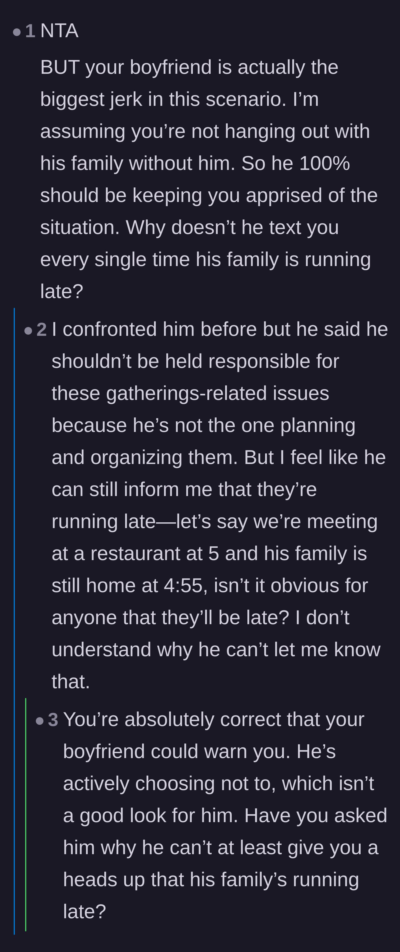 Comment thread 6 - The shocking revelation that the boyfriend intentionally hides delays to trick his girlfriend into waiting