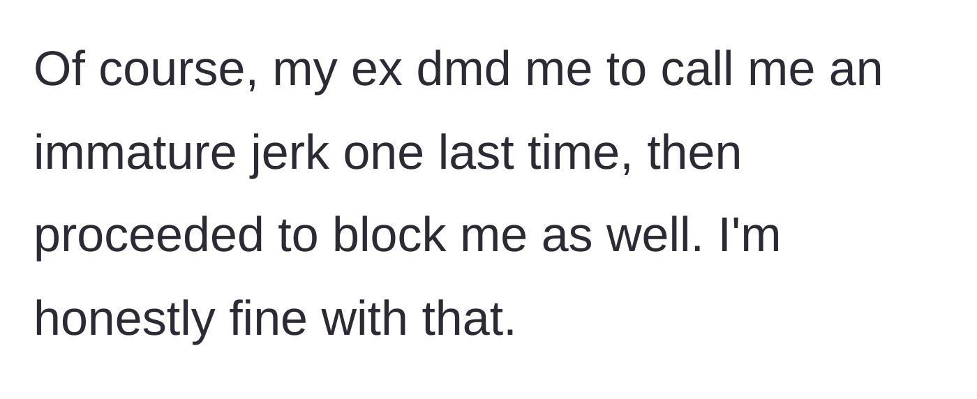 Story part 10 - The ex sends one final DM to insult her before blocking her