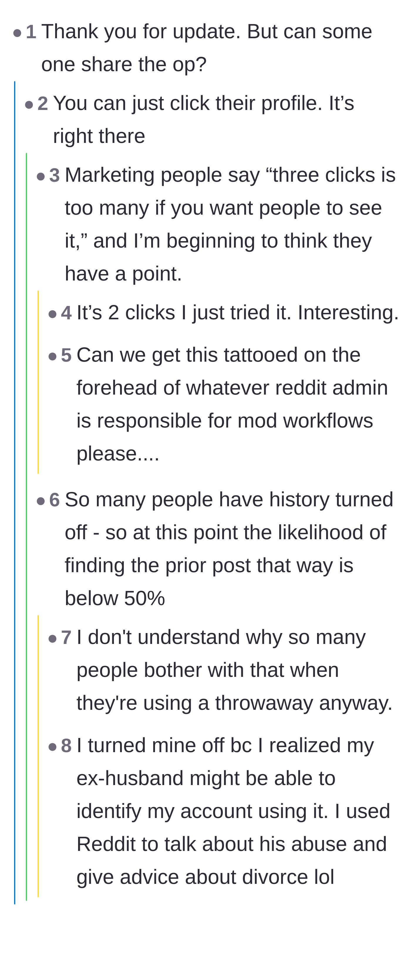 Comment thread 1 - Readers debating how annoying it is to click through profiles to find previous posts in a saga
