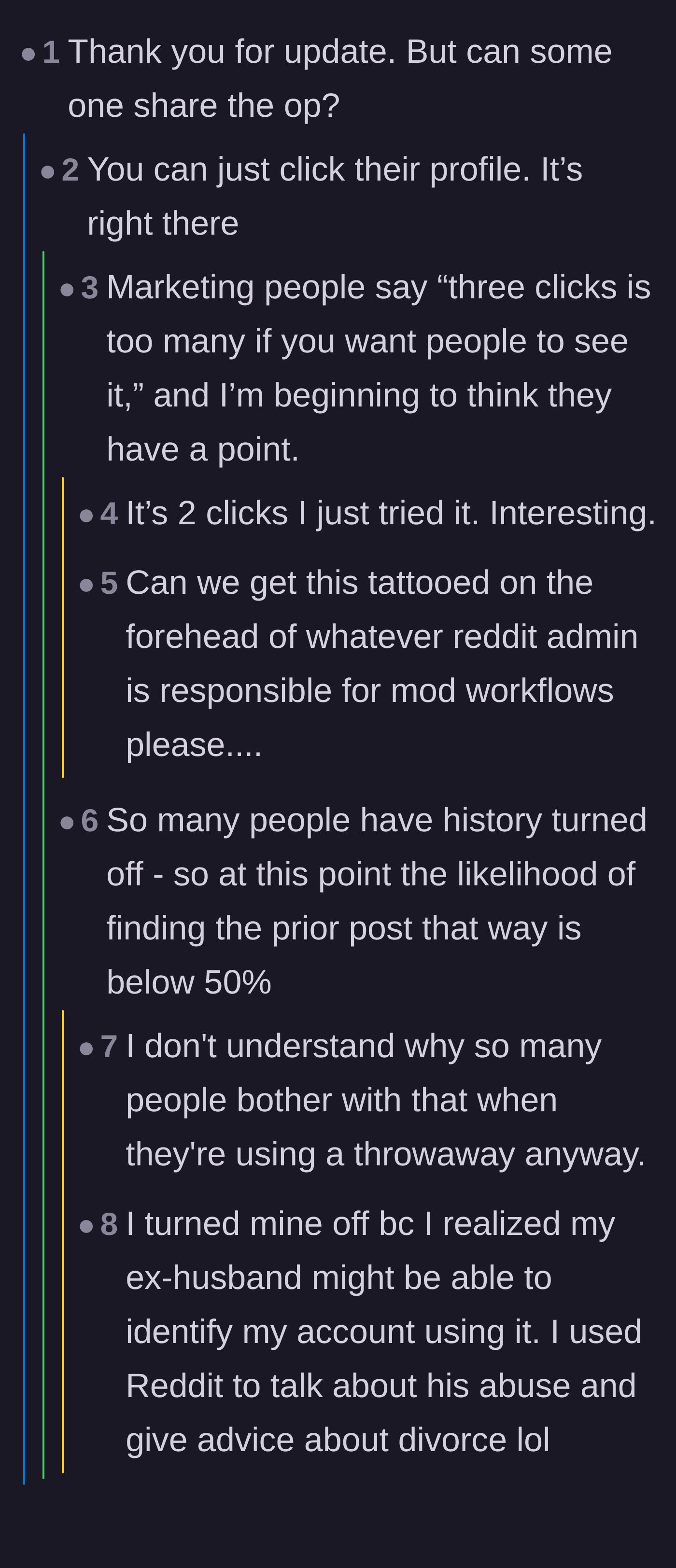 Comment thread 1 - Readers debating how annoying it is to click through profiles to find previous posts in a saga