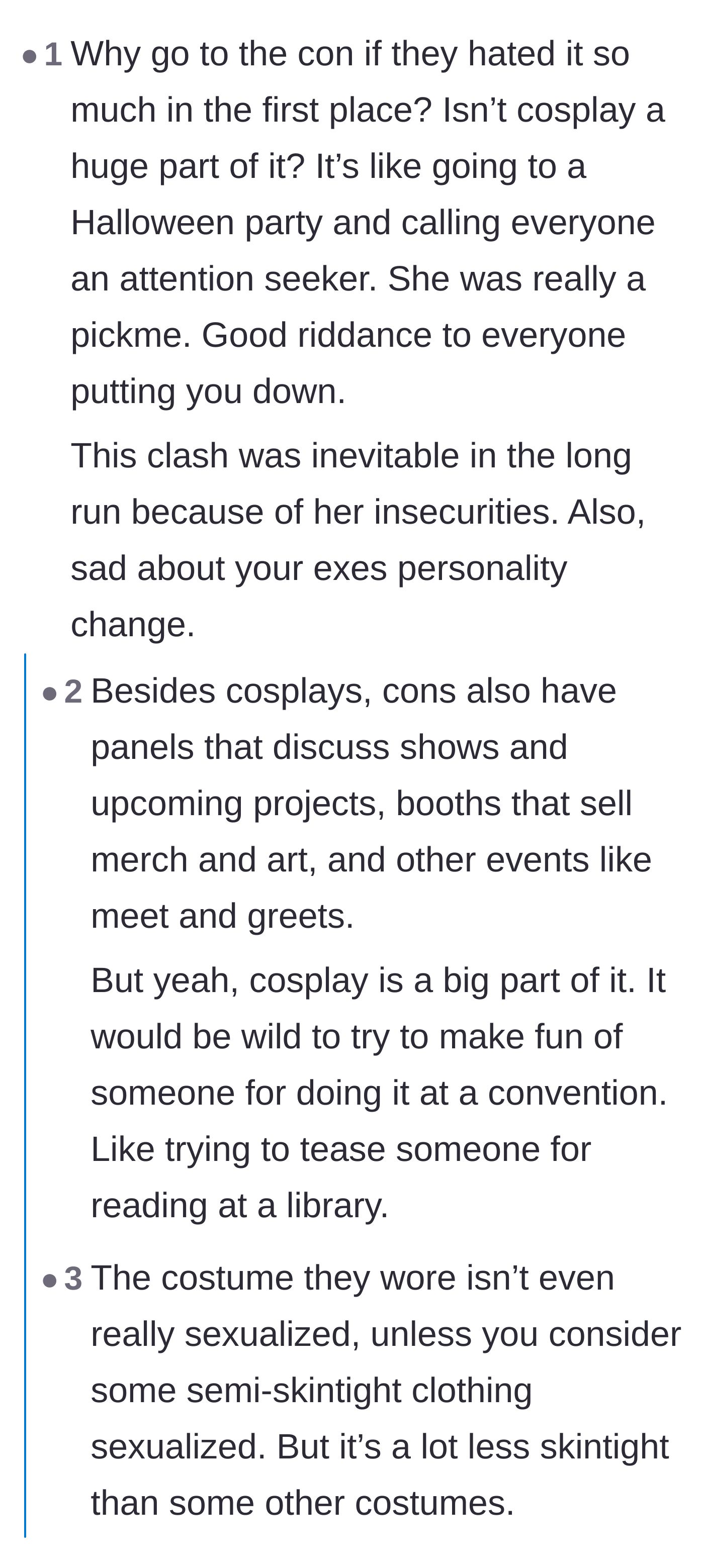 Comment thread 3 - Discussions analyzing the sheer absurdity of mocking cosplayers at a convention and noting how unrevealing the Viper costume actually is
