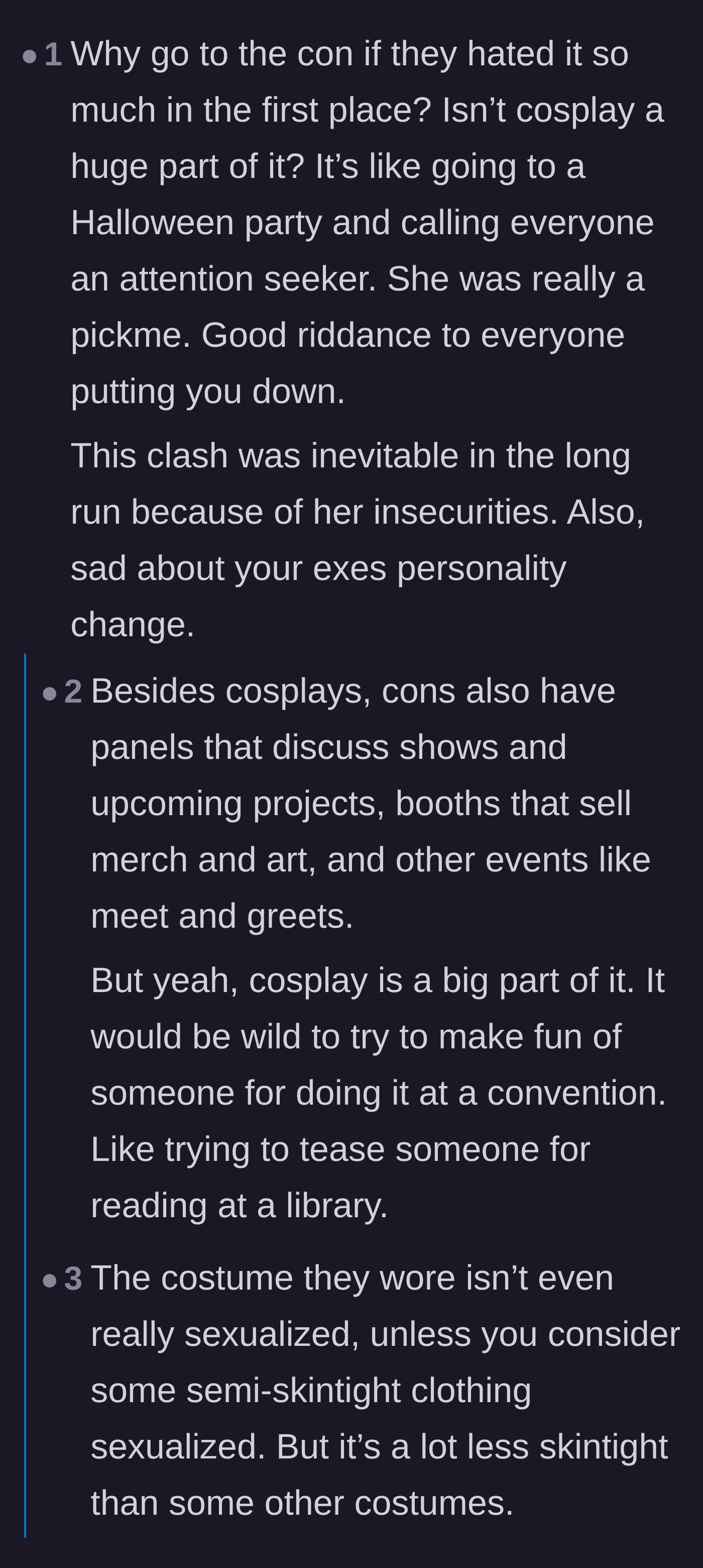 Comment thread 3 - Discussions analyzing the sheer absurdity of mocking cosplayers at a convention and noting how unrevealing the Viper costume actually is