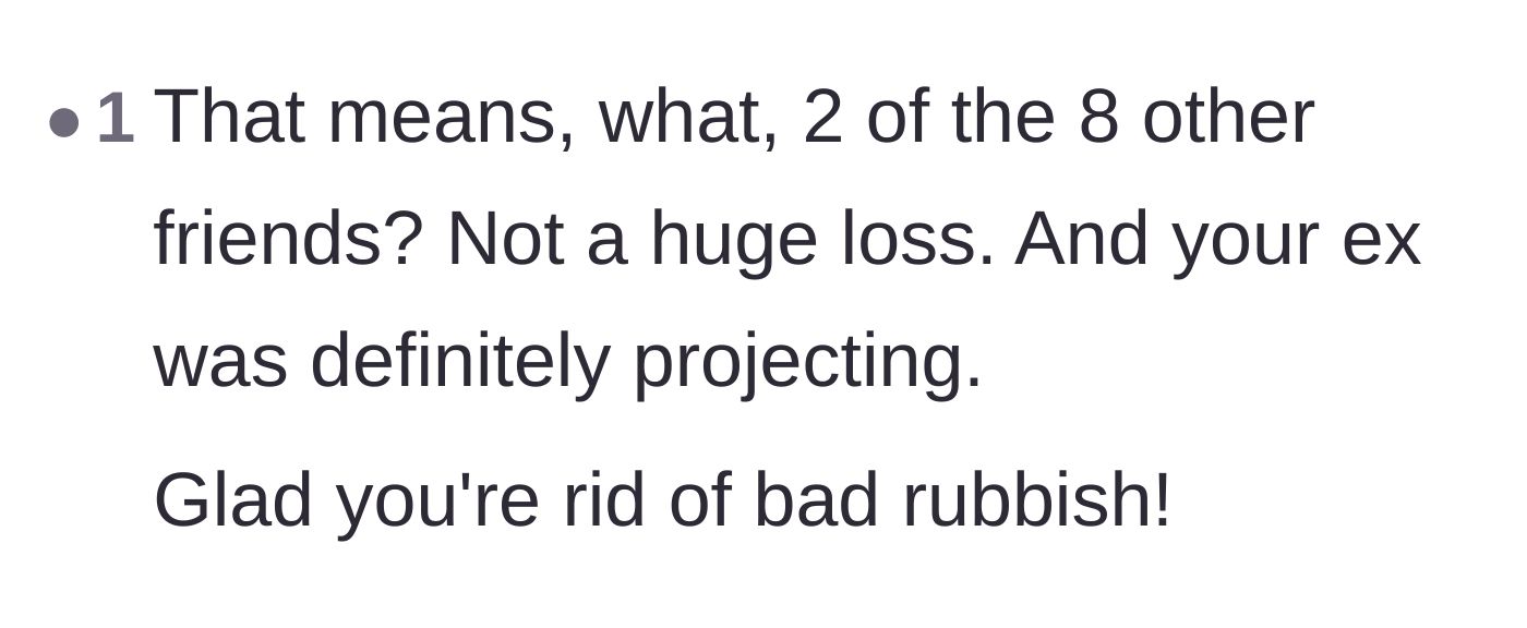 Comment thread 6 - Readers doing the math on the friend group split and concluding that losing two enablers is actually a massive win