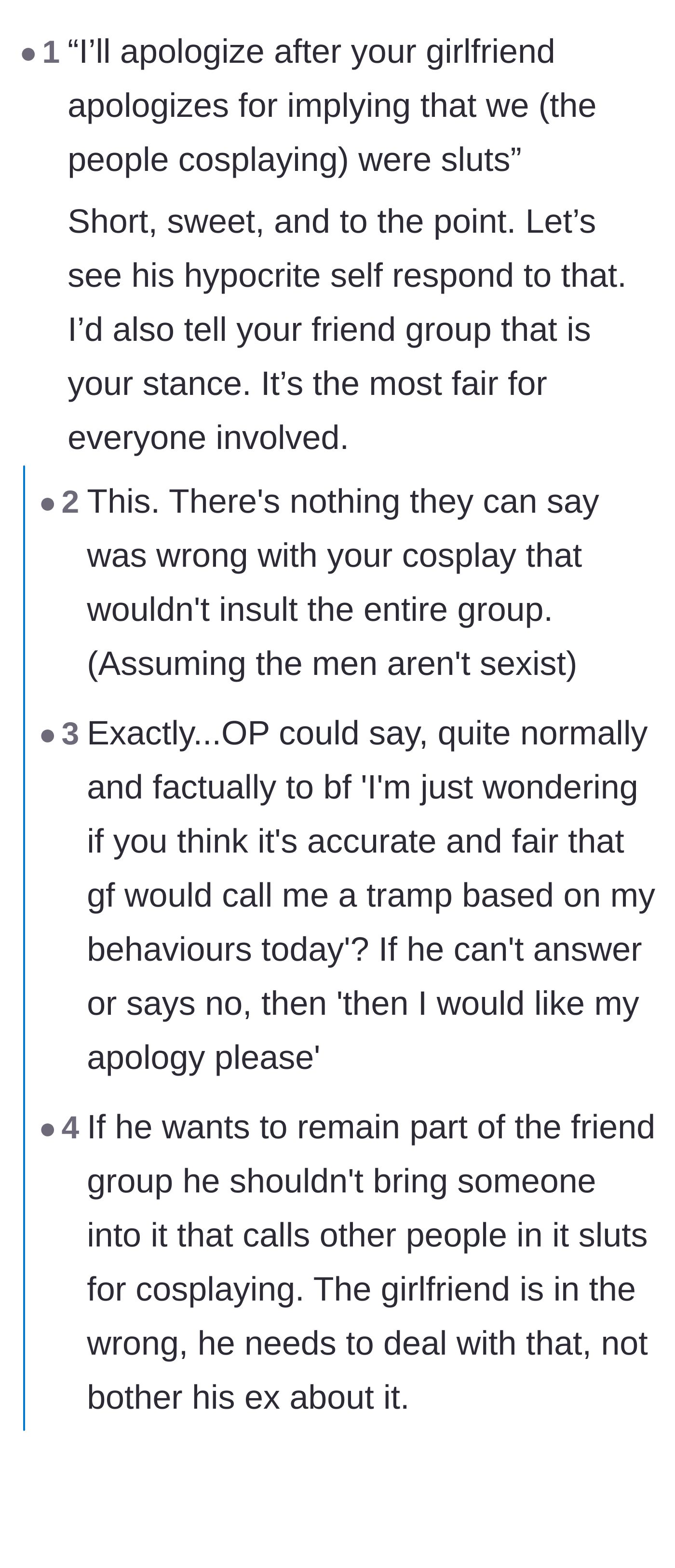 Comment thread 1 - Readers agree OP should demand an apology first since the new girlfriend insulted the whole group.