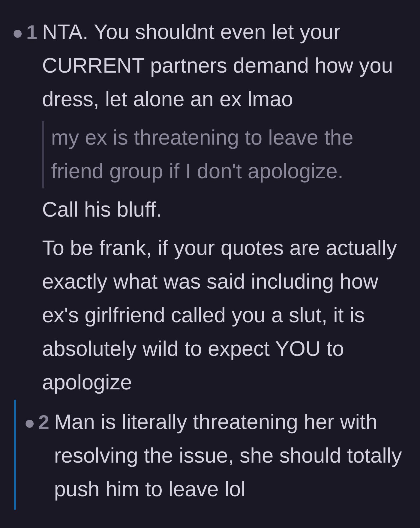 Comment thread 5 - Commenters mocking the ex's empty threat to leave the friend group.