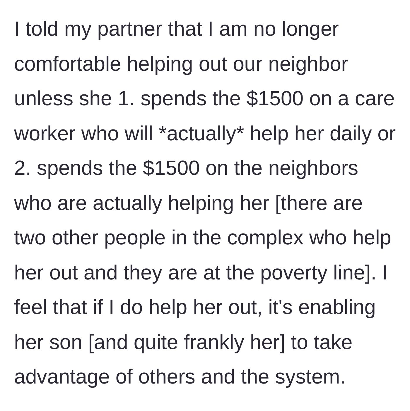 Story part 8 - A woman setting strict boundaries and financial conditions for future help.