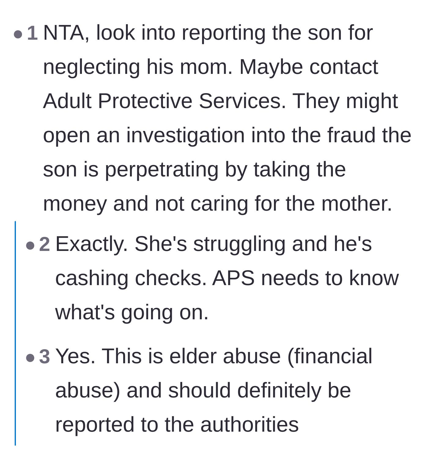 Comment thread 2 - Calls to contact Adult Protective Services regarding financial elder abuse.