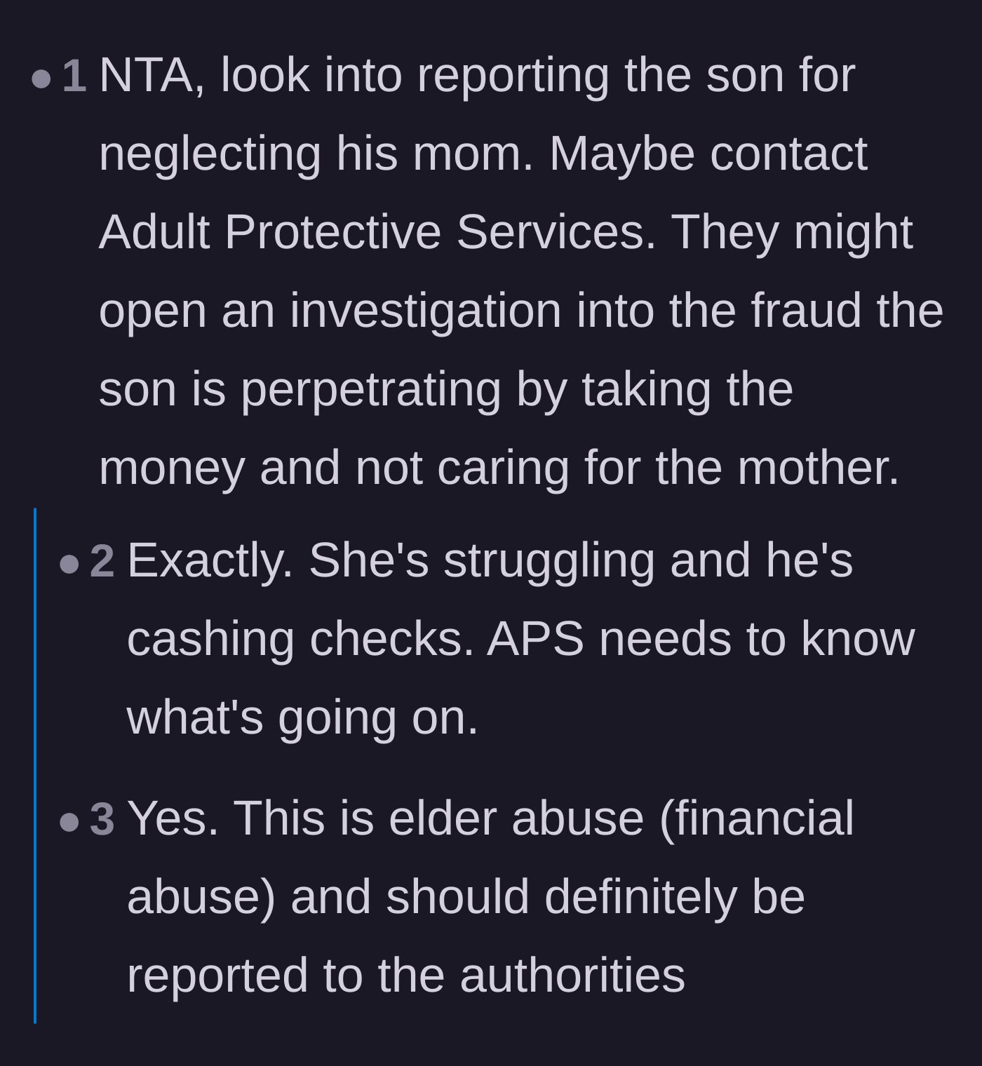Comment thread 2 - Calls to contact Adult Protective Services regarding financial elder abuse.