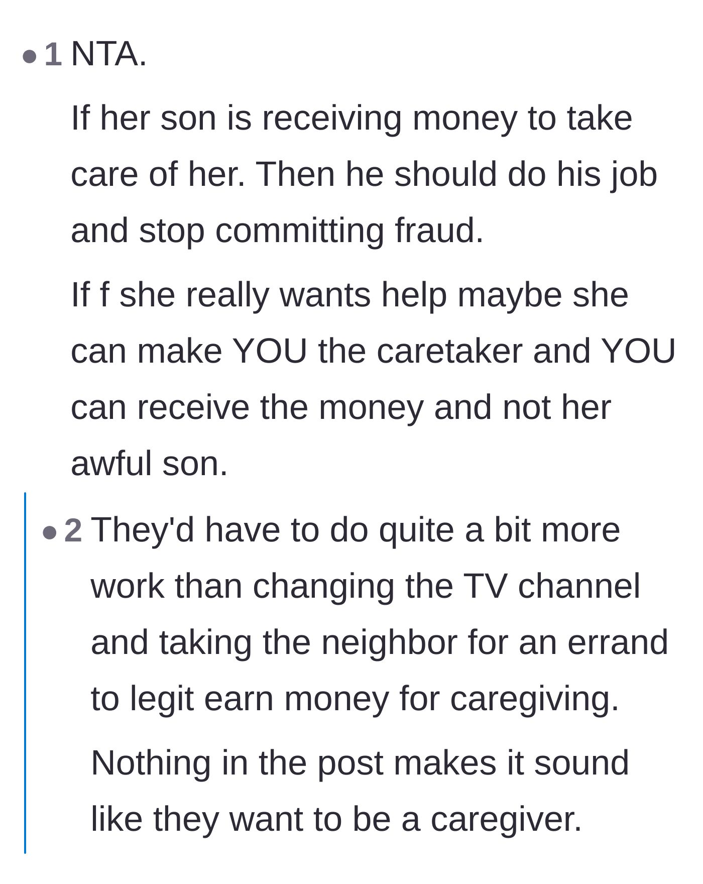 Comment thread 3 - Debate over whether the neighbor could officially transfer the caretaker funds to the main character.