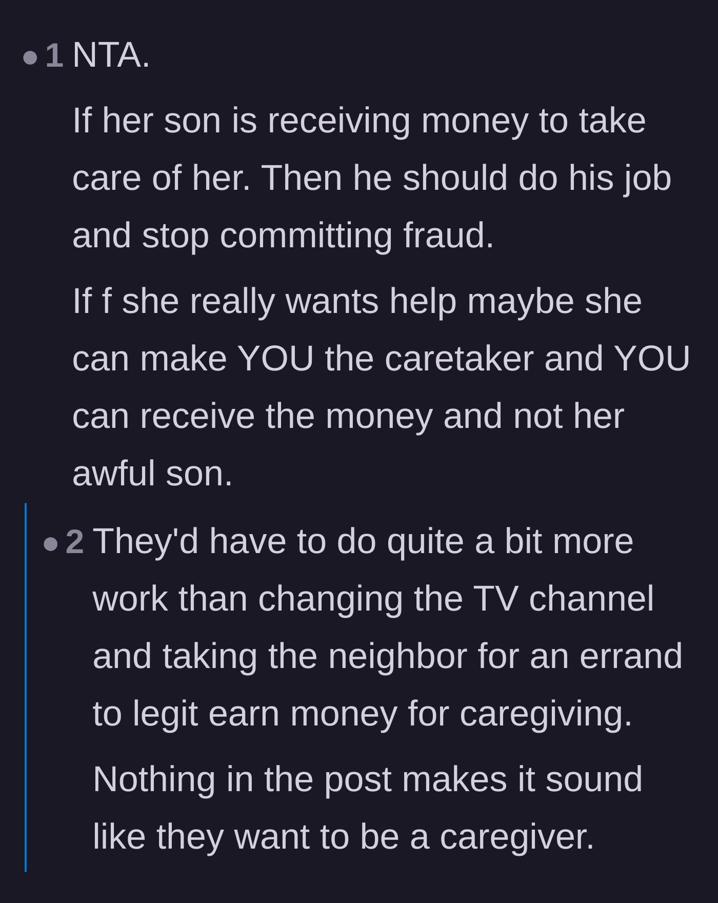 Comment thread 3 - Debate over whether the neighbor could officially transfer the caretaker funds to the main character.