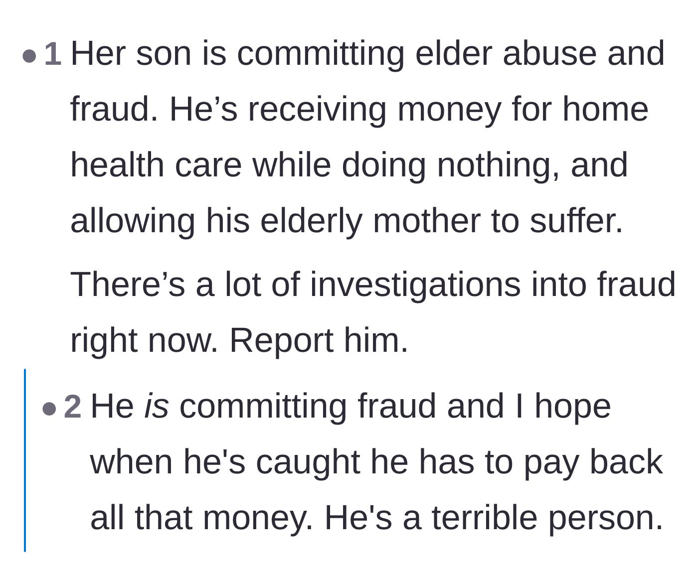 Comment thread 4 - Outrage over the son's elder abuse and calls for a government fraud investigation.