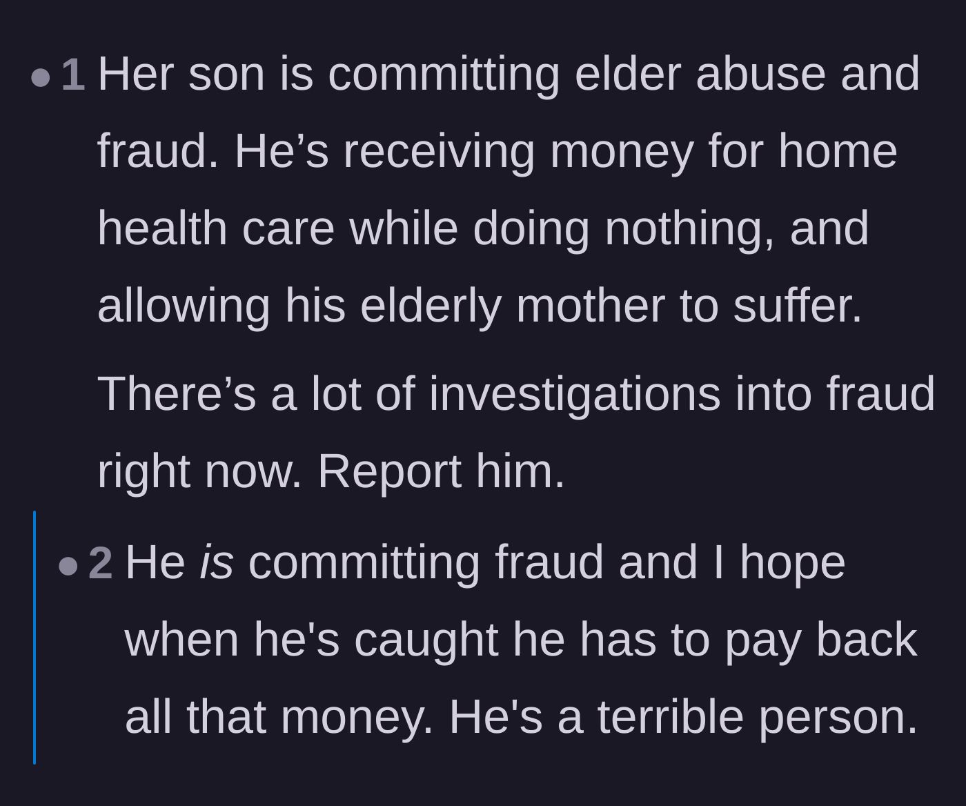 Comment thread 4 - Outrage over the son's elder abuse and calls for a government fraud investigation.