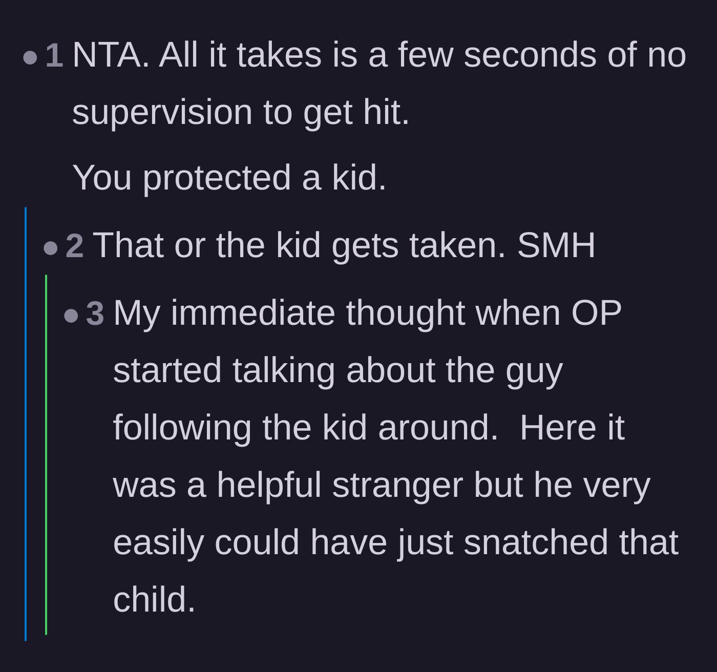 Comment thread 4 - Highlighting traffic hazards and abduction risks facing an unattended toddler.