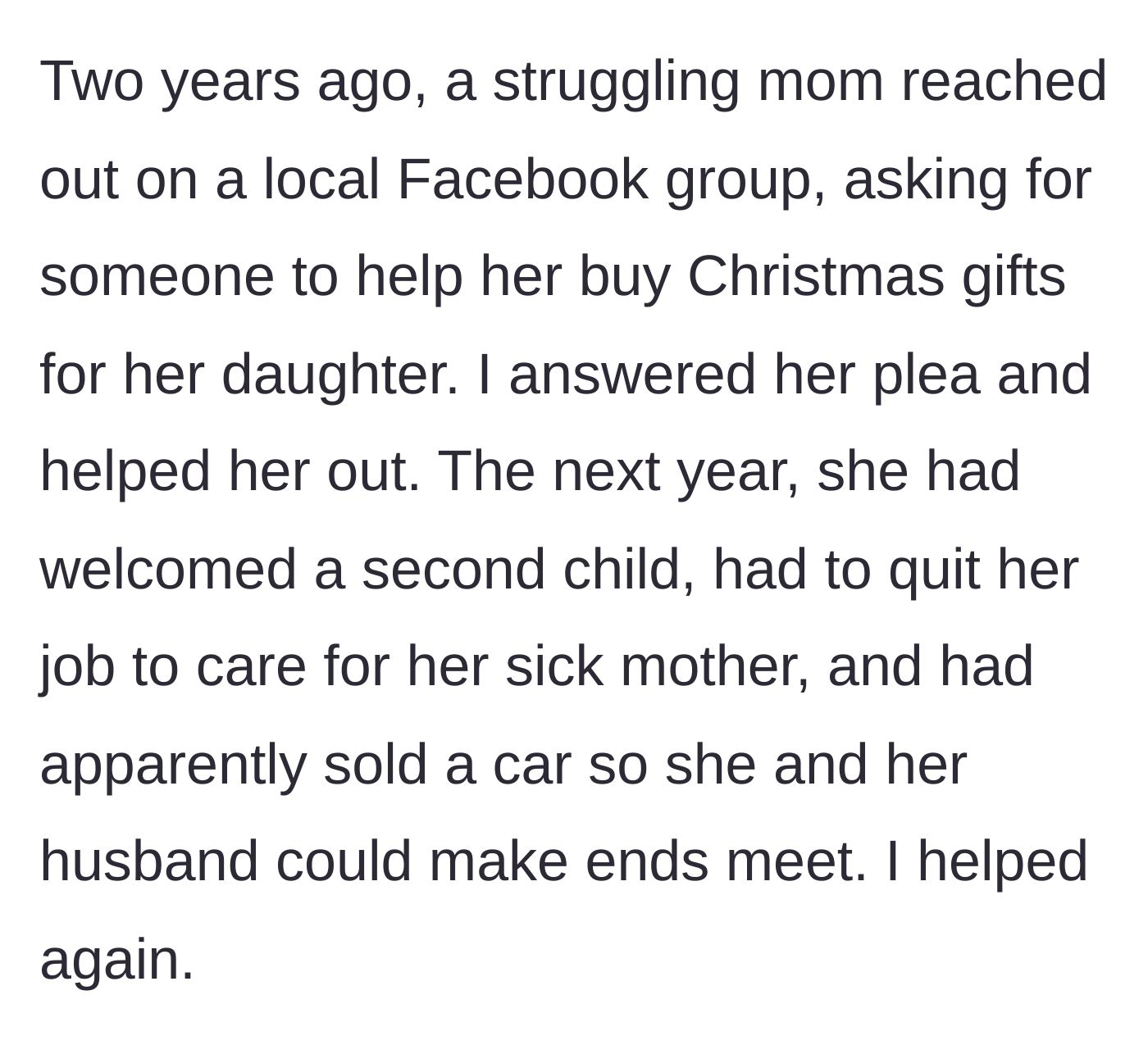 Story part 1 - A Facebook post asking for Christmas gift donations for a struggling mother's children.