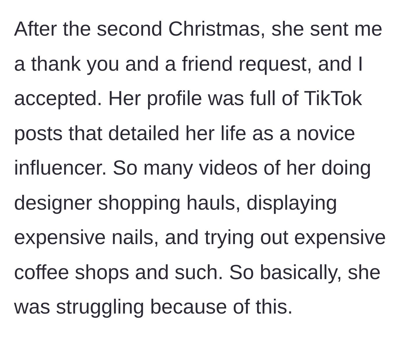 Story part 2 - A social media profile showing off designer shopping bags and expensive iced coffees.