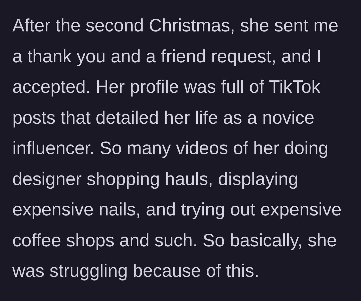 Story part 2 - A social media profile showing off designer shopping bags and expensive iced coffees.
