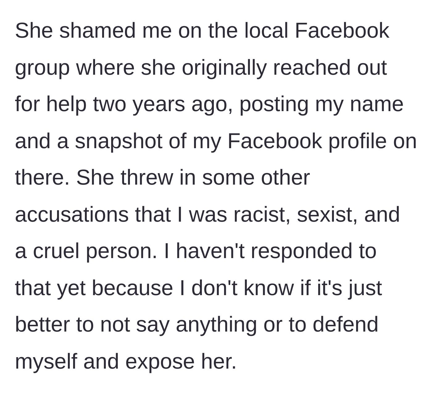 Story part 5 - A Facebook group post publicly naming and shaming the donor with false accusations.
