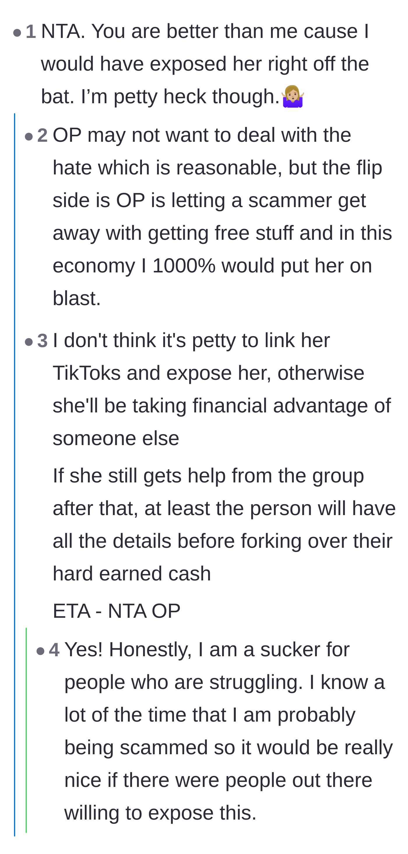 Comment thread 1 - Readers debating whether to publicly link the mom's luxury TikTok account to stop the scam.