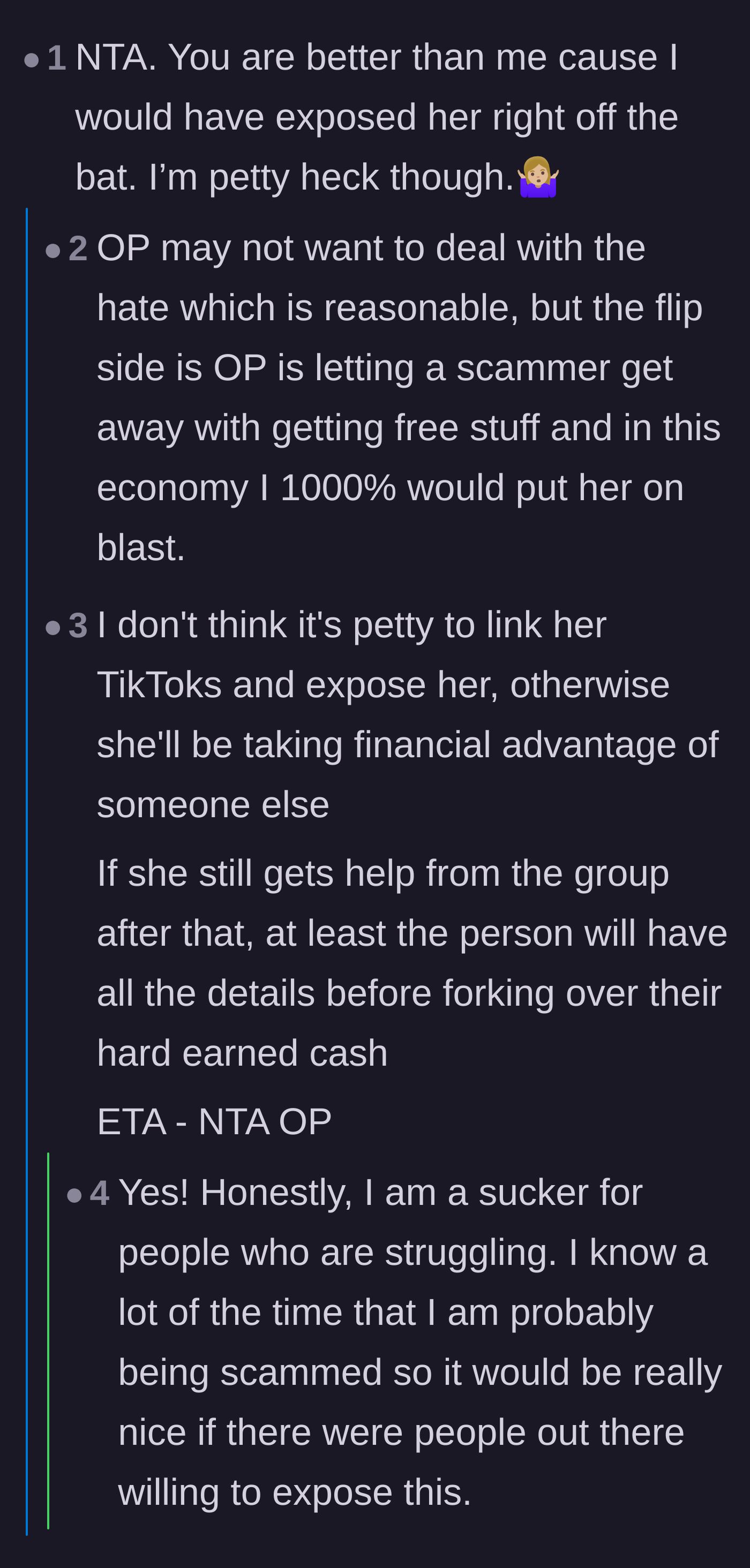 Comment thread 1 - Readers debating whether to publicly link the mom's luxury TikTok account to stop the scam.