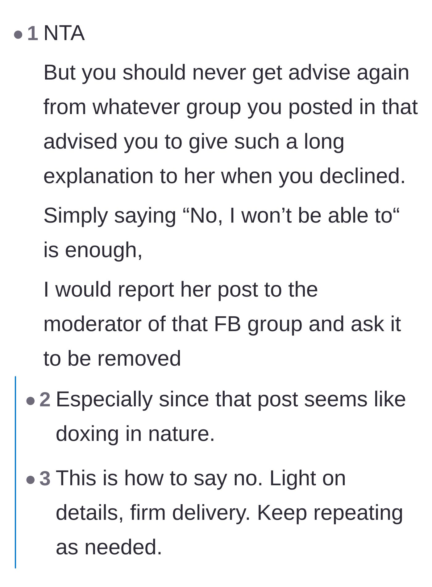 Comment thread 2 - Advice on why giving a long explanation was a mistake and that 'No' is a complete sentence.