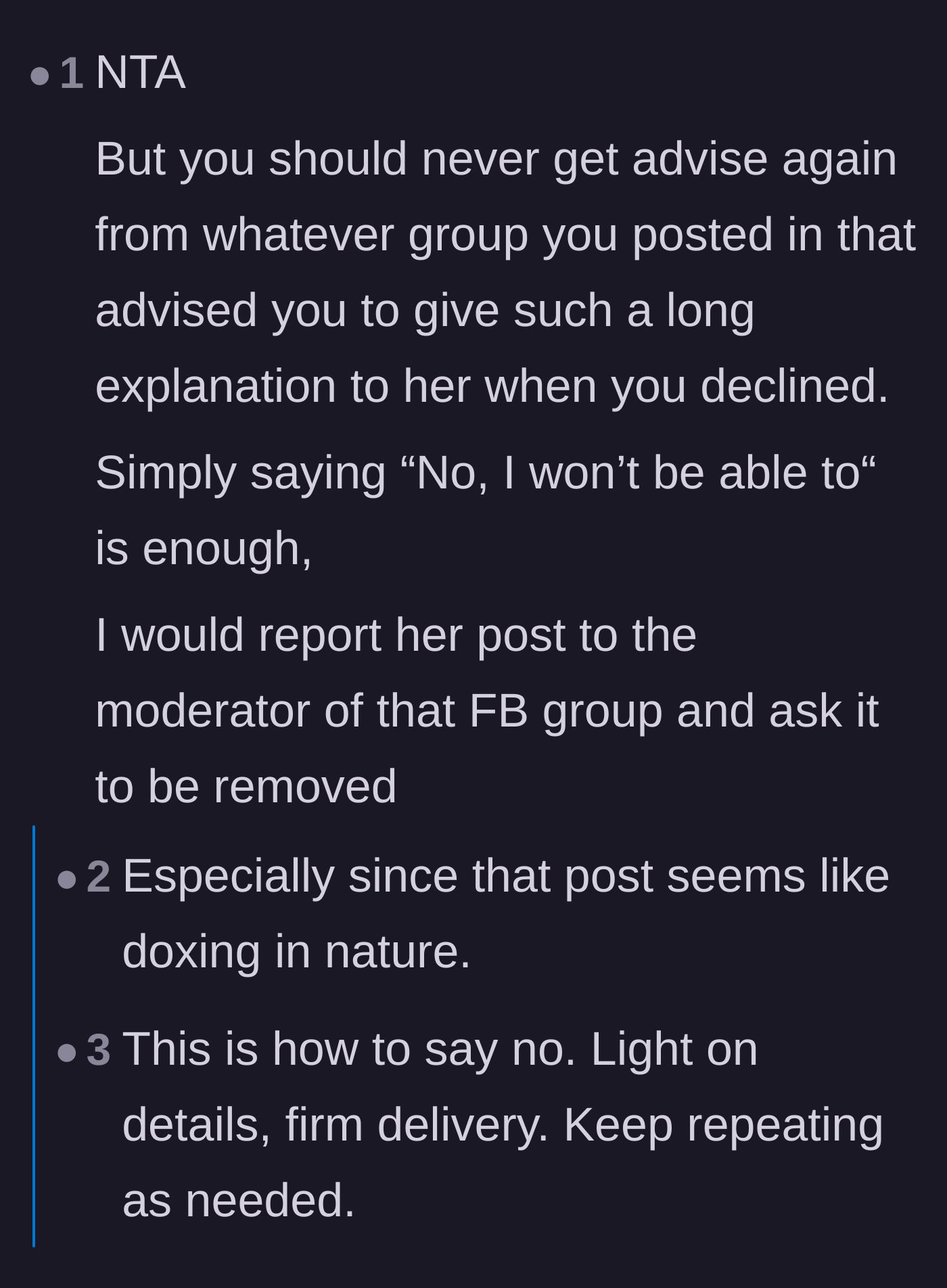 Comment thread 2 - Advice on why giving a long explanation was a mistake and that 'No' is a complete sentence.