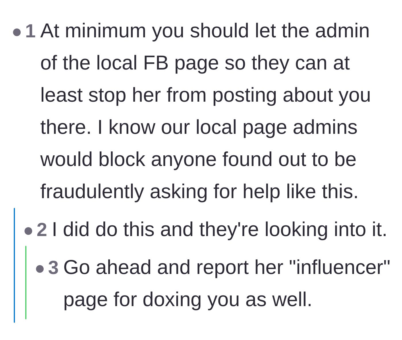Comment thread 3 - Suggesting the donor contact the local Facebook group admins to get the doxxing post removed.