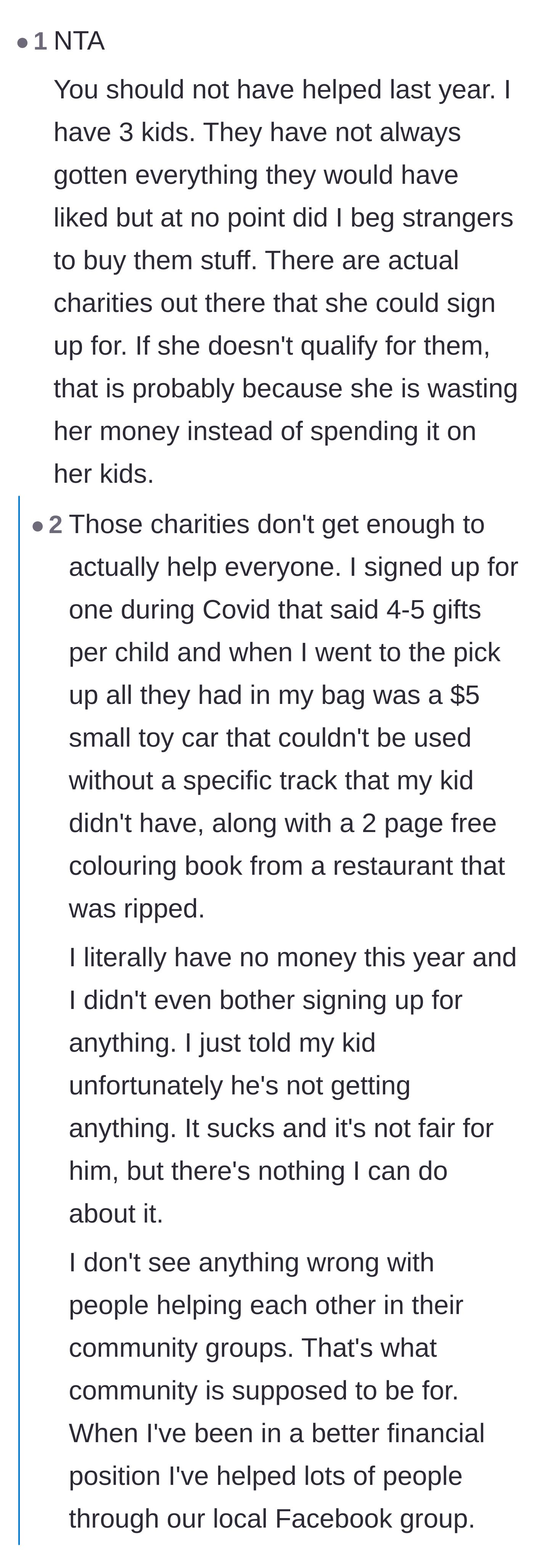 Comment thread 4 - A discussion about legitimate charities and how community goodwill shouldn't replace self-responsibility.