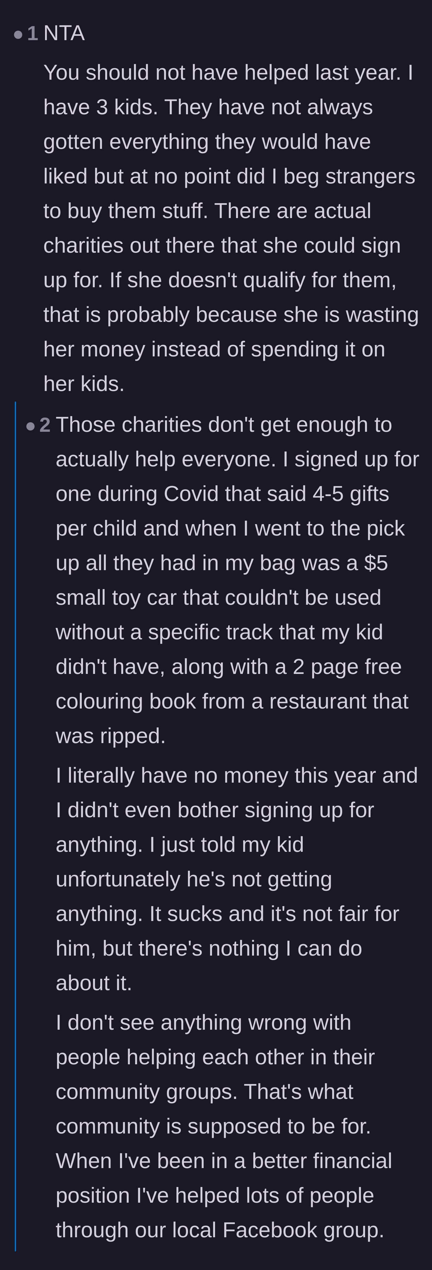 Comment thread 4 - A discussion about legitimate charities and how community goodwill shouldn't replace self-responsibility.