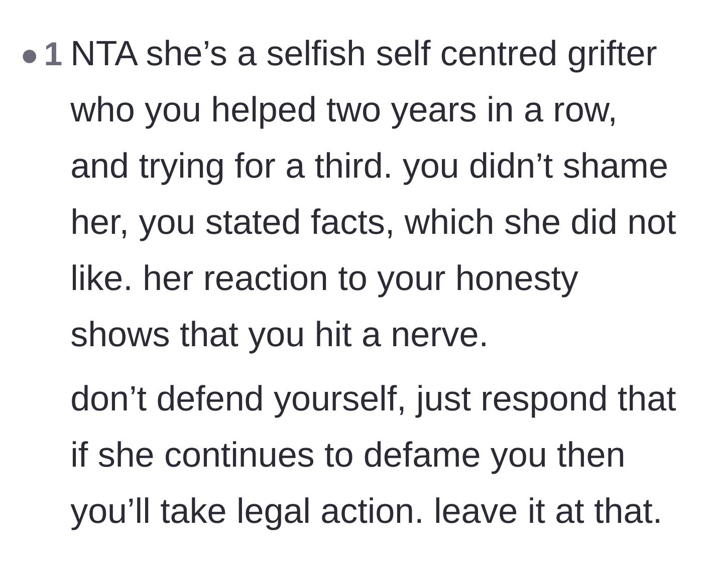 Comment thread 6 - Pointing out that the mom's anger stems from being caught, and advising legal action over defamation.