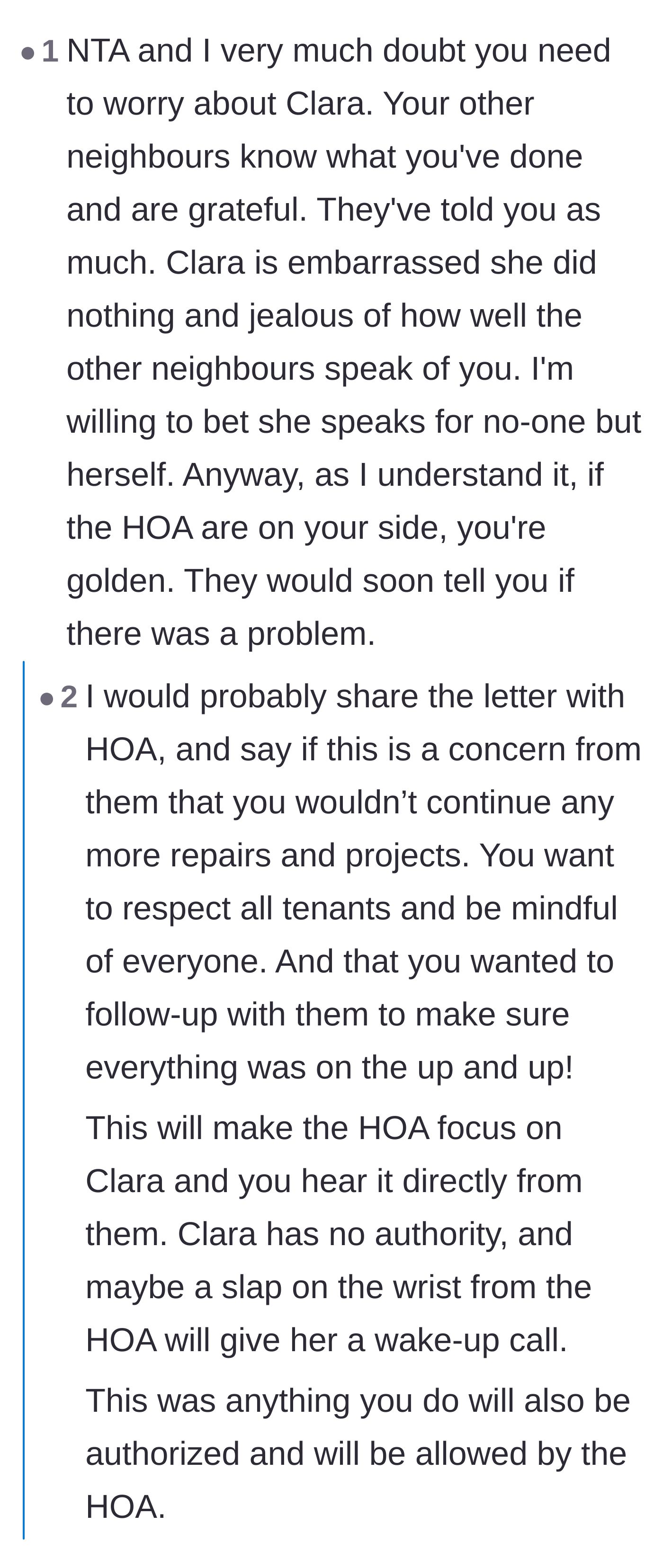 Comment thread 1 - A discussion on how the neighbor is acting out of jealousy and a debate over how the HOA might react.