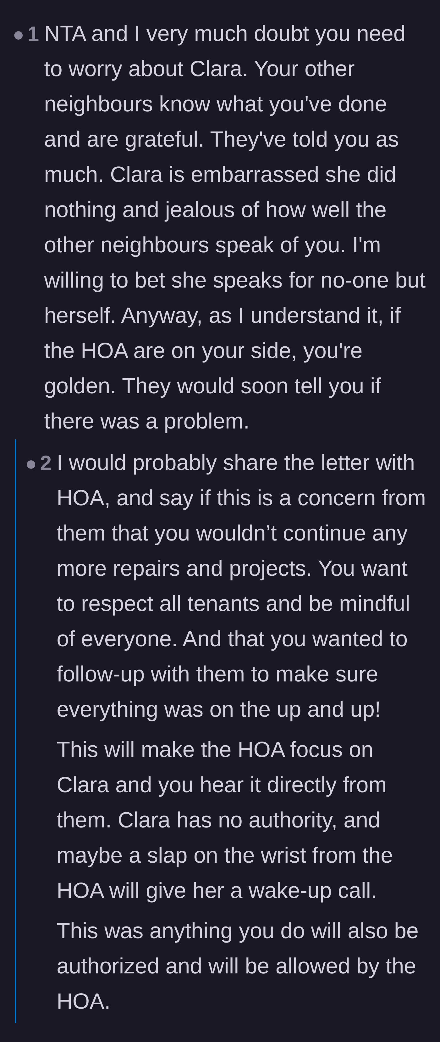 Comment thread 1 - A discussion on how the neighbor is acting out of jealousy and a debate over how the HOA might react.