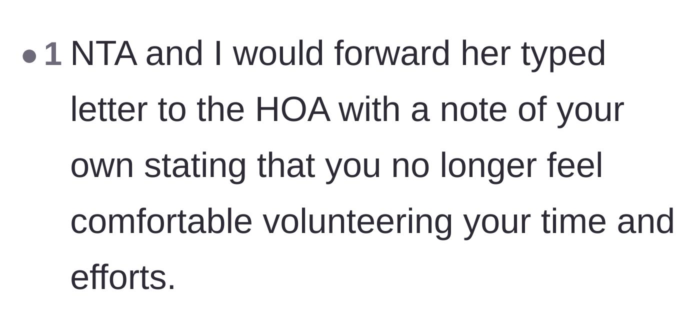 Comment thread 2 - Advice to forward the neighbor's demanding letter directly to the HOA and step away from volunteering.