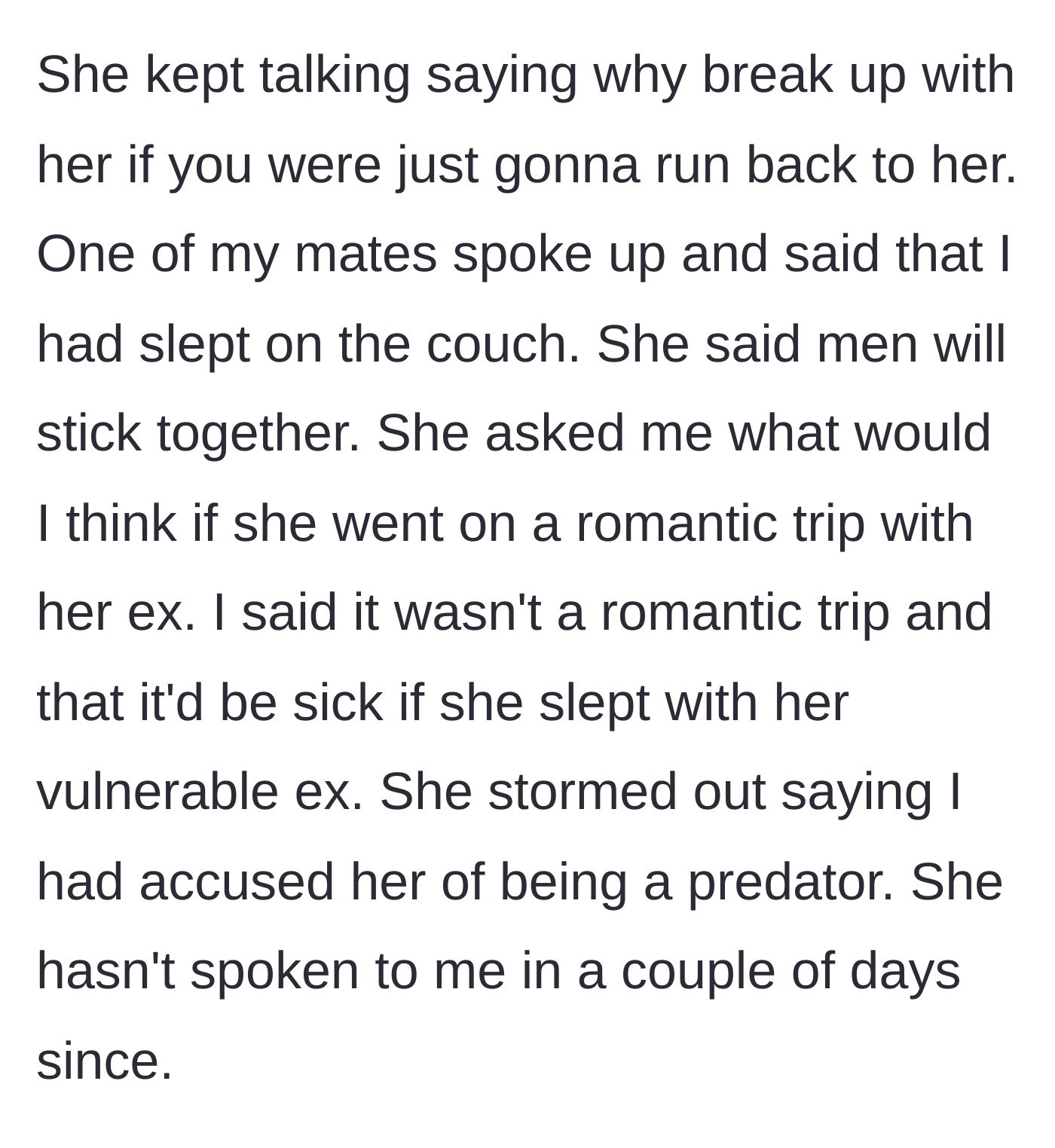 Story part 5 - The girlfriend continues her public tirade, compares the domestic rescue to a romantic trip, and storms out after he points out how inappropriate and sickening her comparison is.