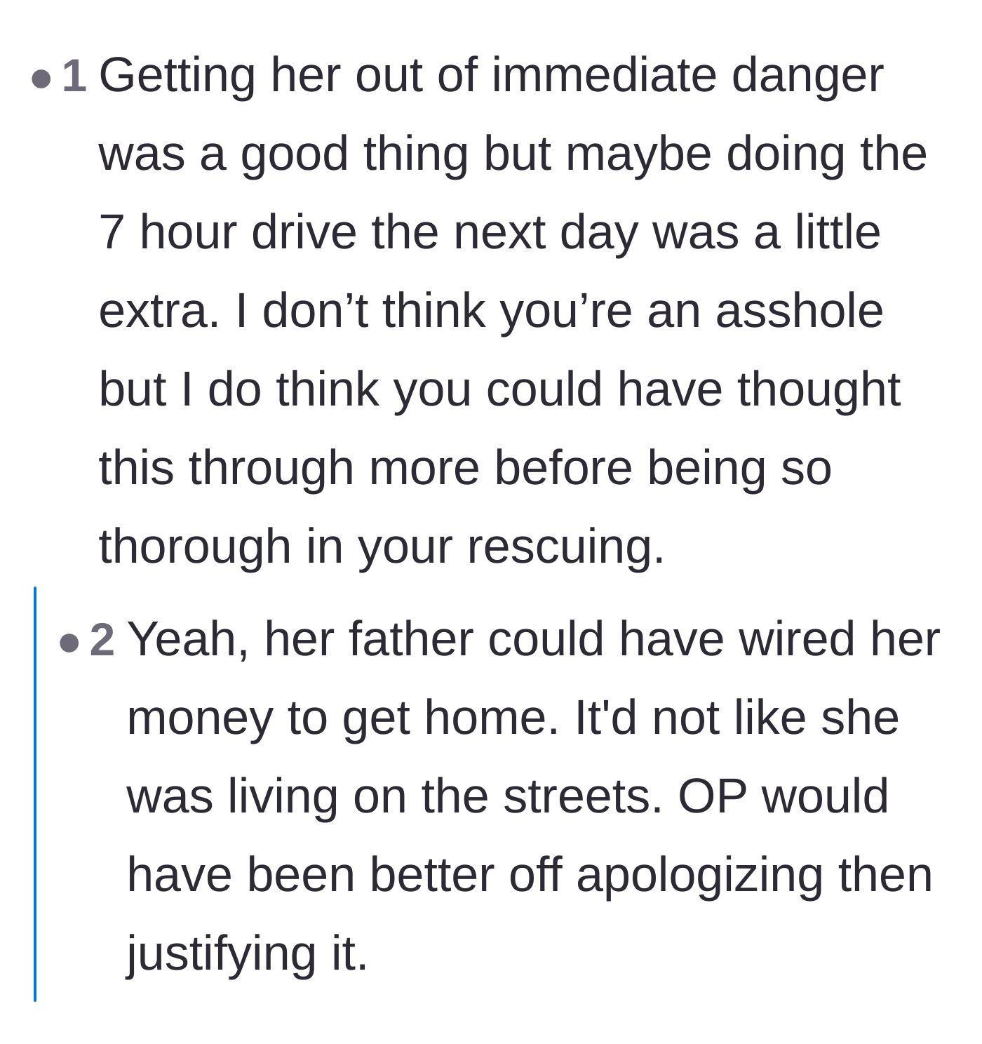 Comment thread 1 - Debate about how driving 7 hours and staying overnight without proper communication was disrespectful to his current partner.