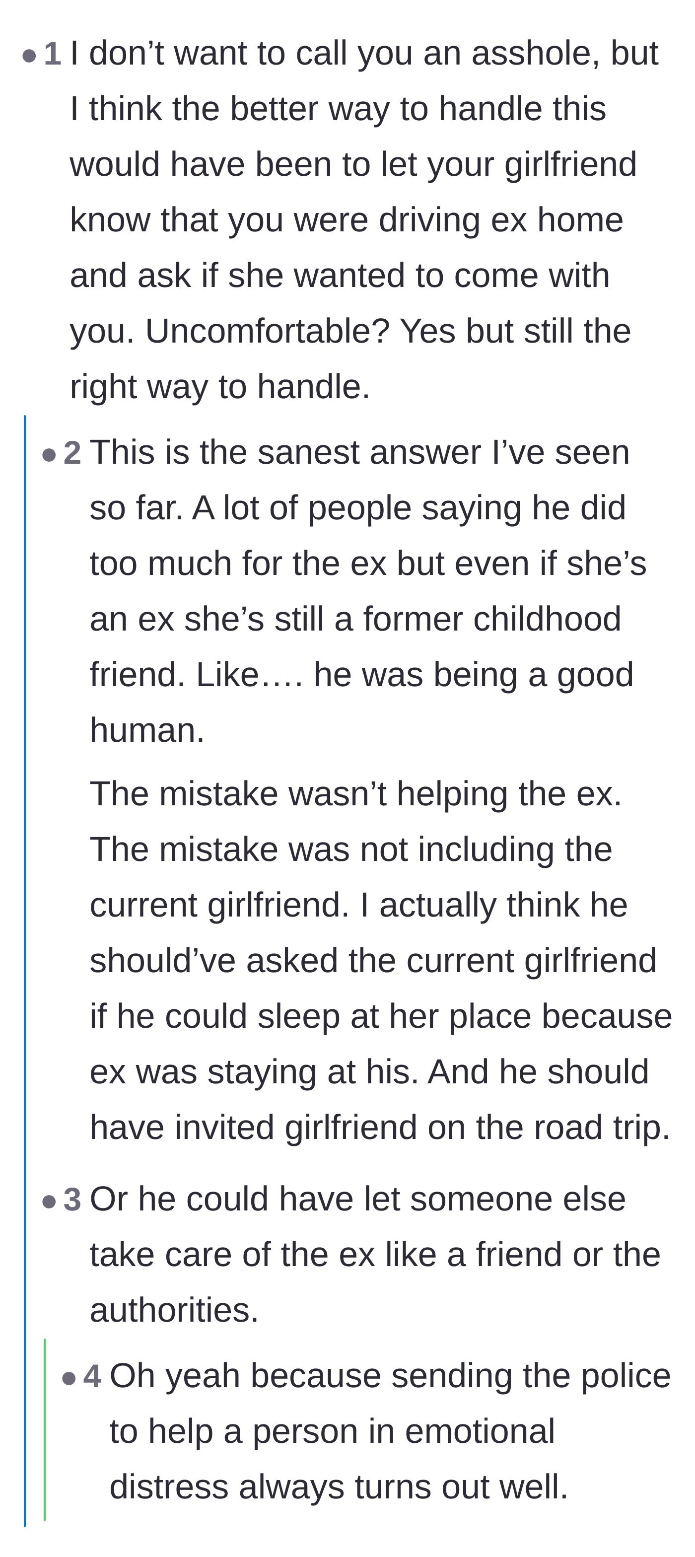 Comment thread 2 - Advice suggesting he should have included his current girlfriend in the rescue plan or stayed at her place.