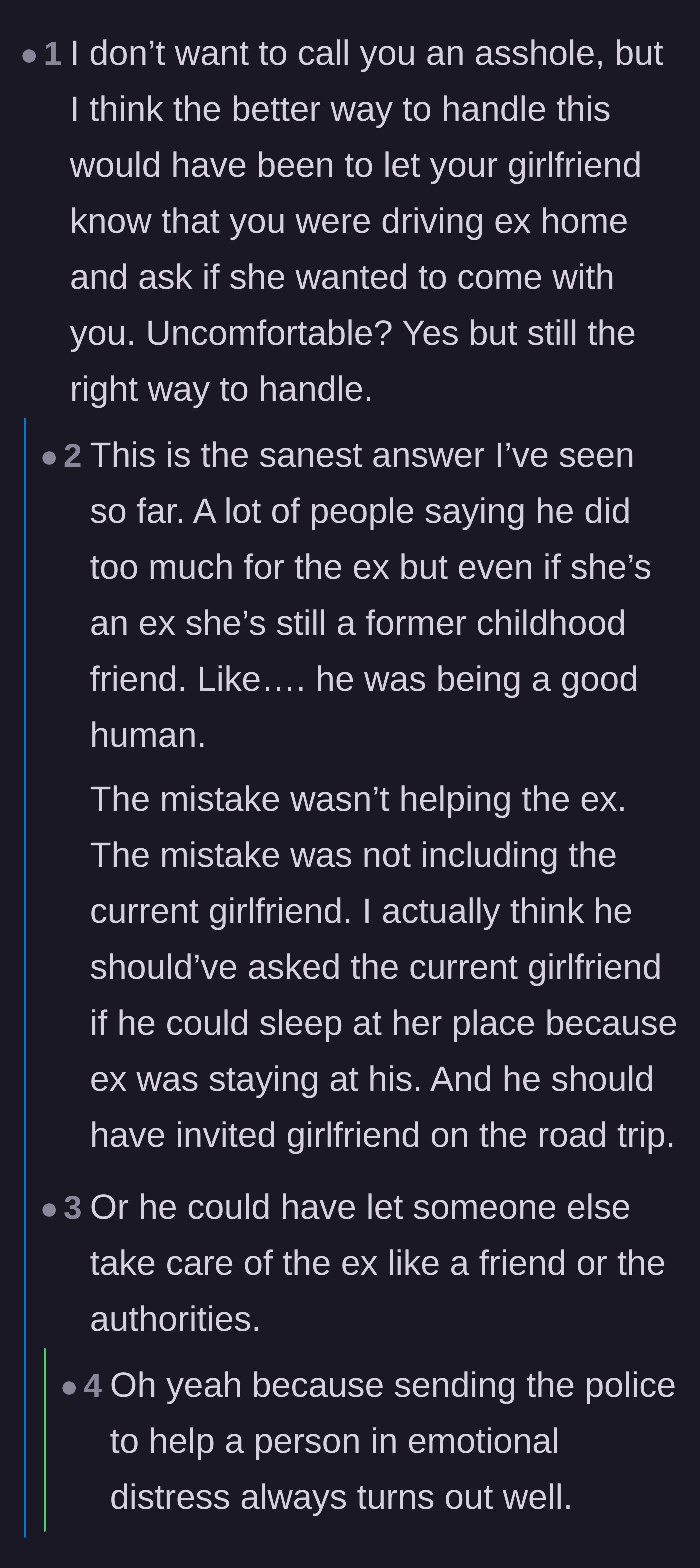 Comment thread 2 - Advice suggesting he should have included his current girlfriend in the rescue plan or stayed at her place.