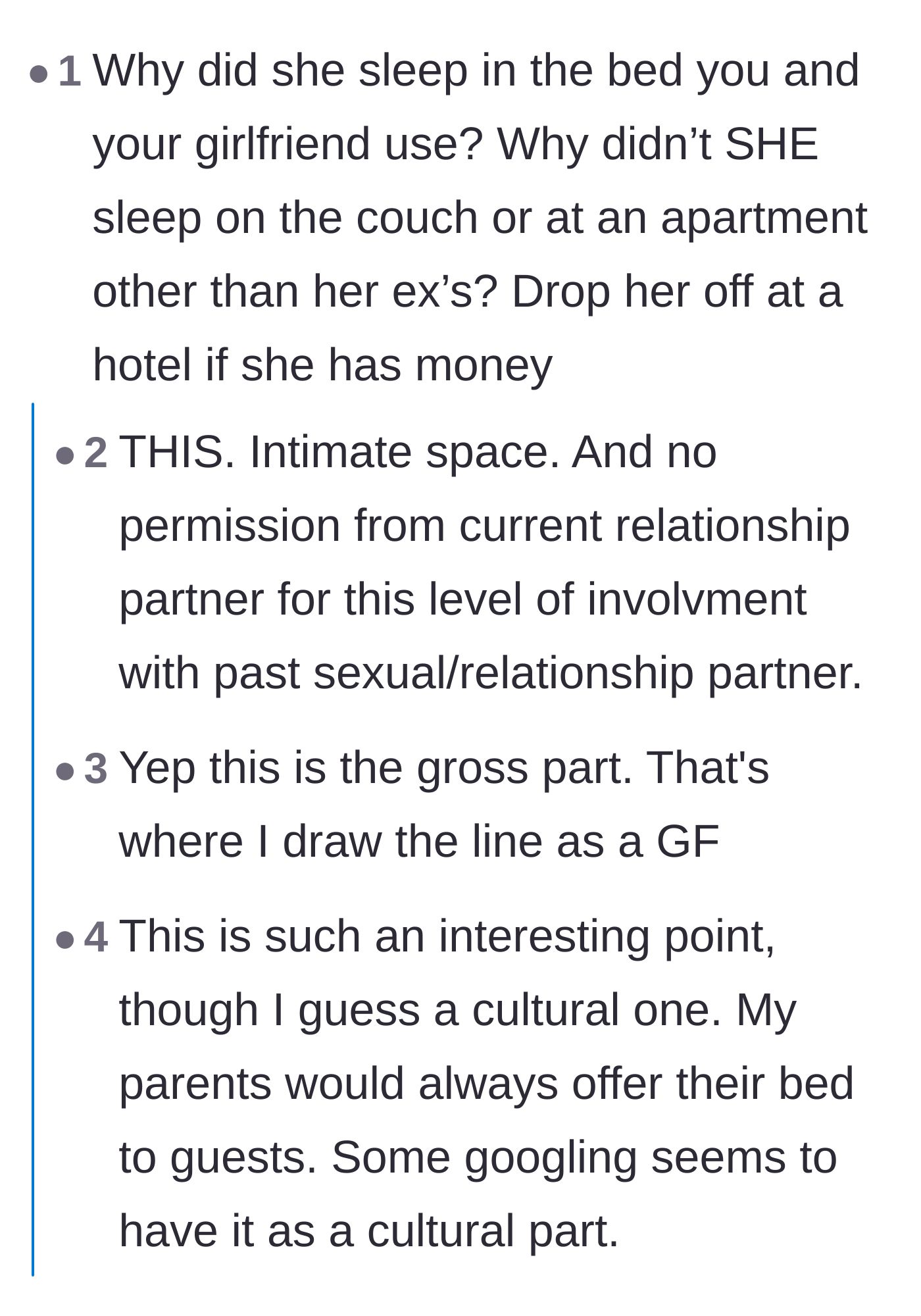Comment thread 4 - Criticism regarding the author letting his ex sleep in the bed he shares with his current girlfriend.