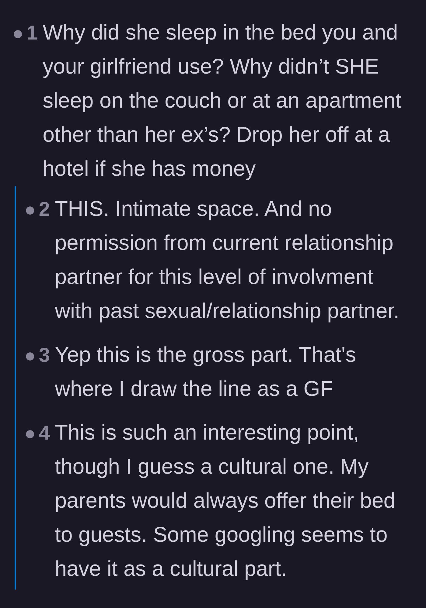 Comment thread 4 - Criticism regarding the author letting his ex sleep in the bed he shares with his current girlfriend.