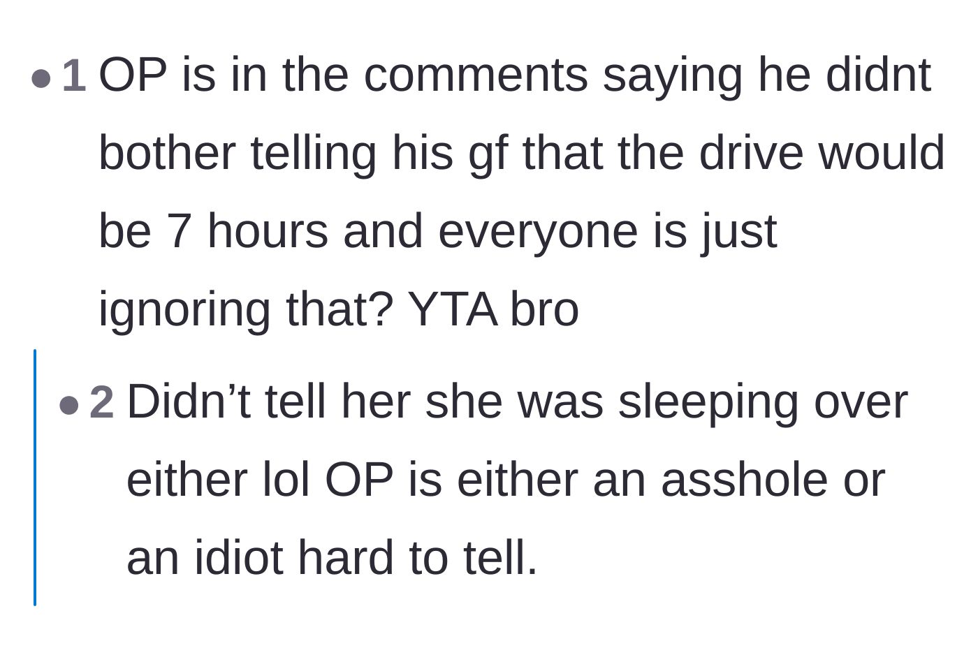 Comment thread 5 - Callout of the author admitting in the comments that he hid the true 7-hour length of the drive from his girlfriend.