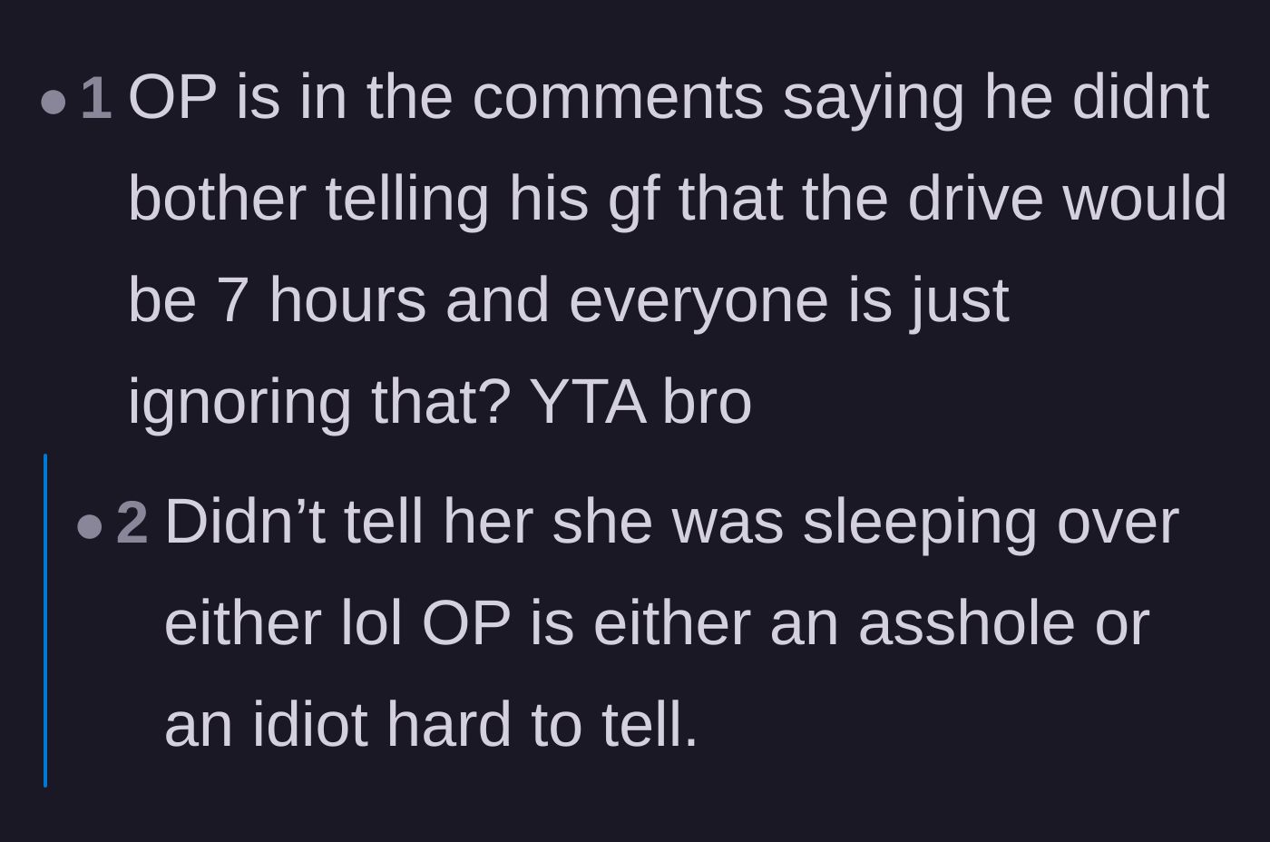 Comment thread 5 - Callout of the author admitting in the comments that he hid the true 7-hour length of the drive from his girlfriend.